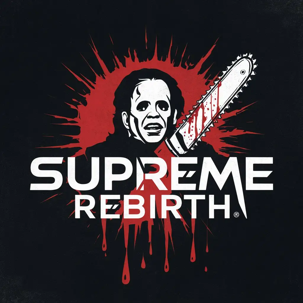 a logo design,with the text "Supreme Rebirth", main symbol:Leatherface with blacl background,Moderate,clear background