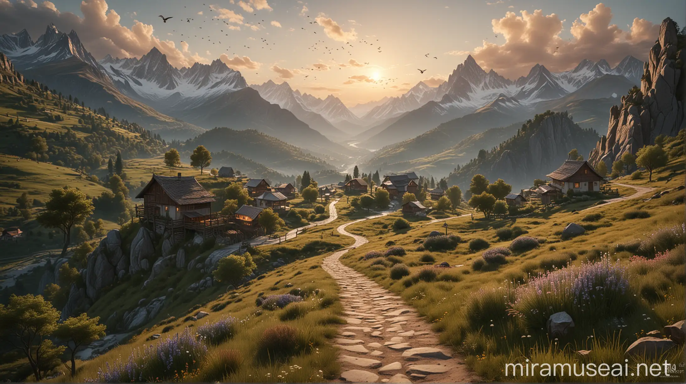 Majestic Mountain Landscape Path to Tranquil Village and Soaring Birds