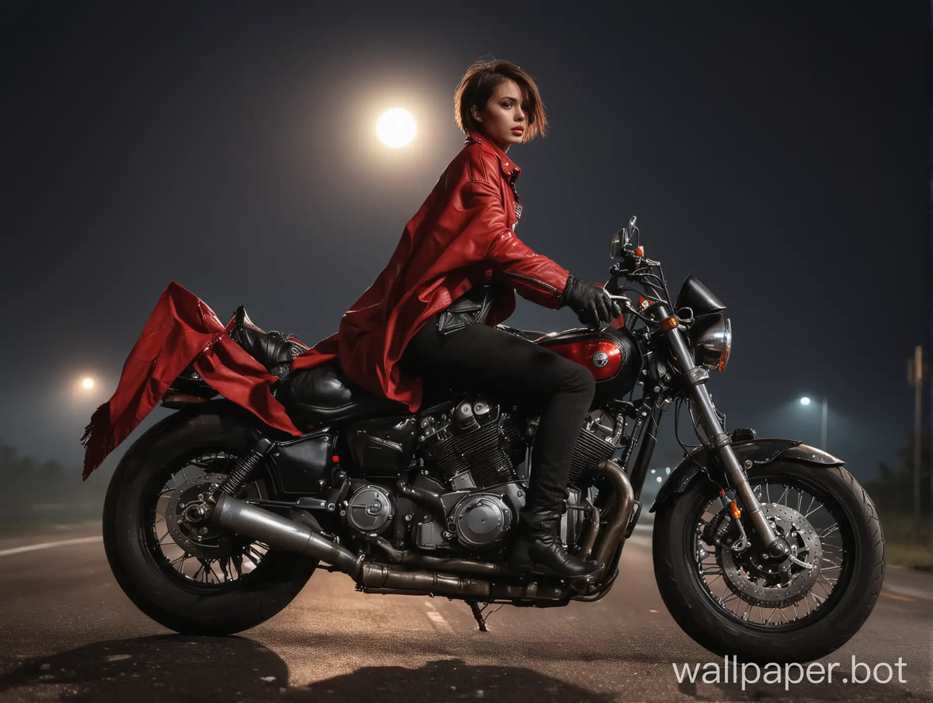 сексуальная девушка с короткими волосами в черной кожаной куртке, с большой грудью едет на мотоцикле по шоссе, на плечах красный плащ развивается на ветру, вид с боку, асфальт горит под колесами мотоцикла, на небе яркая луна, темный фон