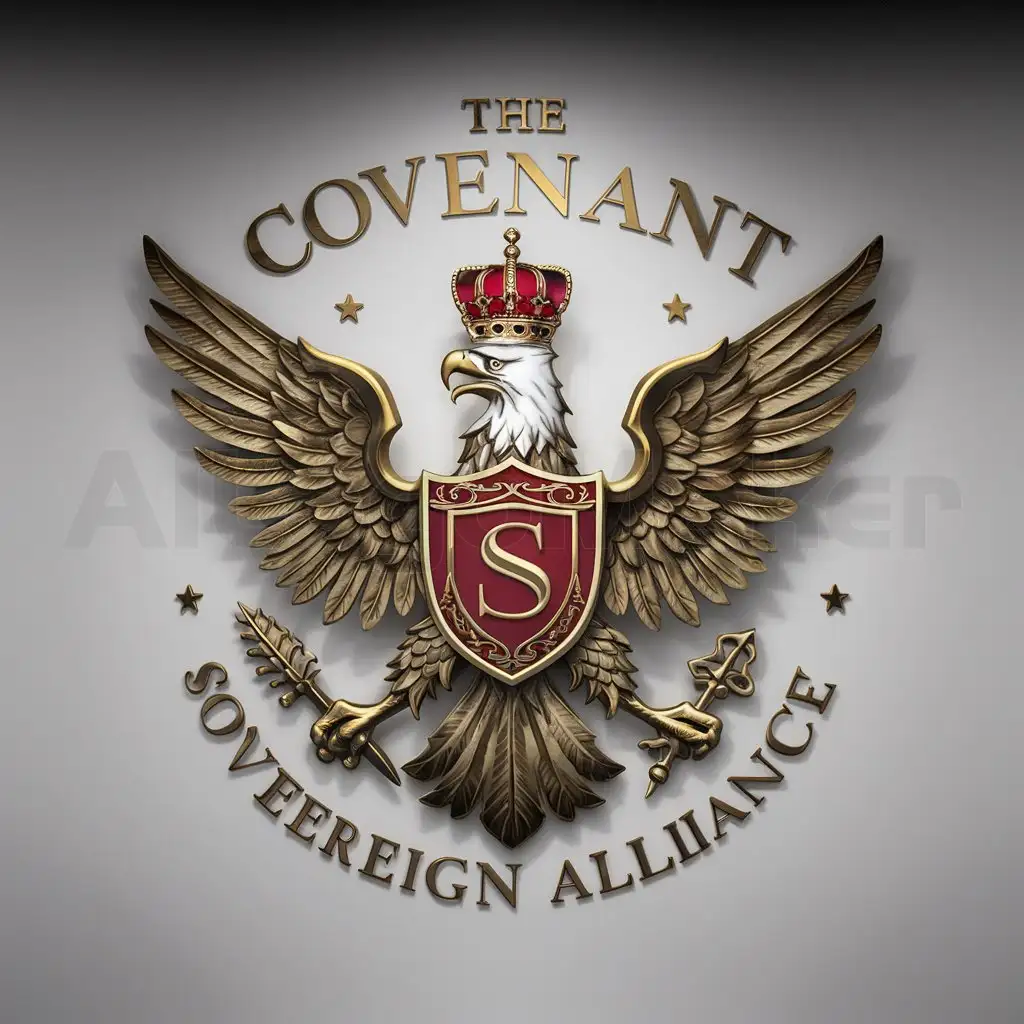 a logo design,with the text "The Covenant of Sovereign Alliance", main symbol:A crowned eagle with outstretched wings, representing power, authority, and dominion.,Moderate,clear background