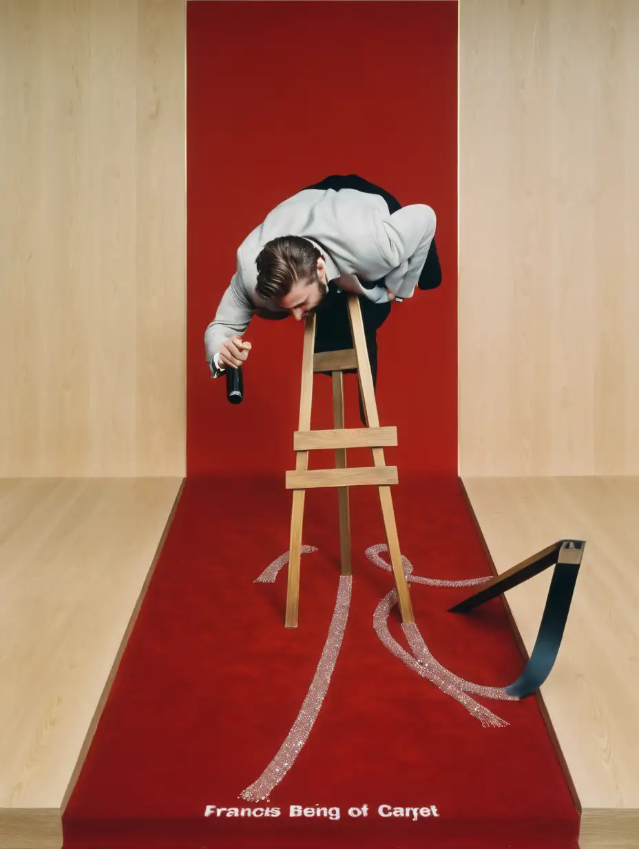 Surreal Figure on Red Carpet with UpsideDown Head and Strange Object