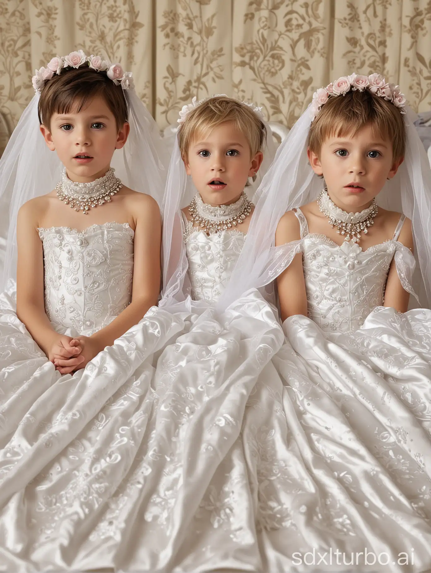 ((Gender role reversal)), 2 cute little boys (a 9-year-old boy and a 6-year-old boy) are waking up in bed, they are tired and confused to find themselves wearing extravagant princess-like wedding dresses with flowery textures and veils, choker necklaces with spikes on, short smart hair, they are looking down at their clothes, energetic