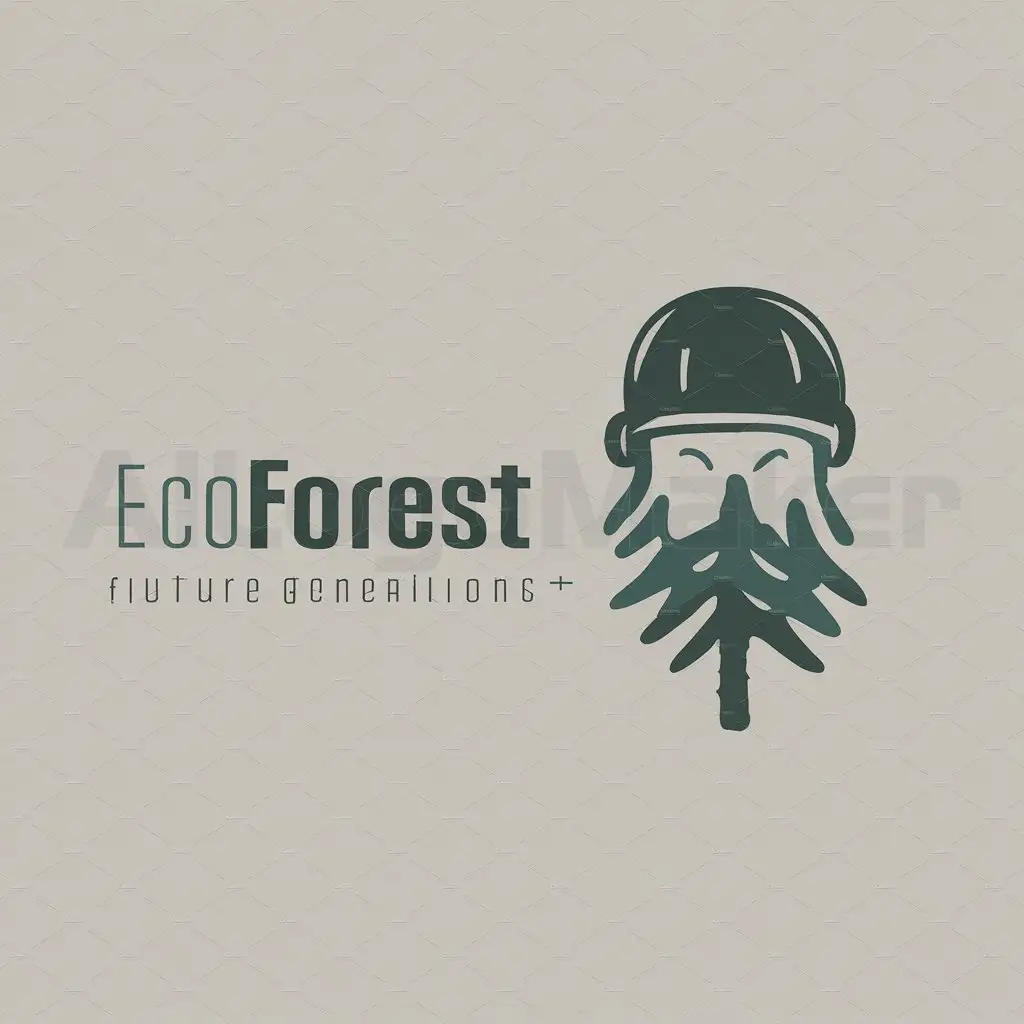 a logo design,with the text "EcoForest", main symbol:un arbol de pino (  pinus maximinoi ) caricaturizado con un casco,Moderate,be used in Others industry,clear background