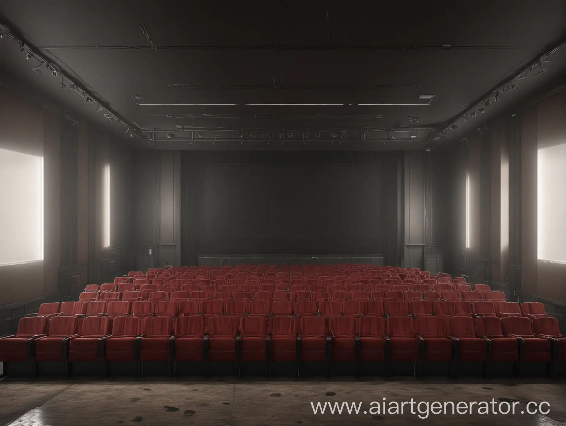 Кинотеатр,полупустой, фронтальный вид,фотореалистично, 4k