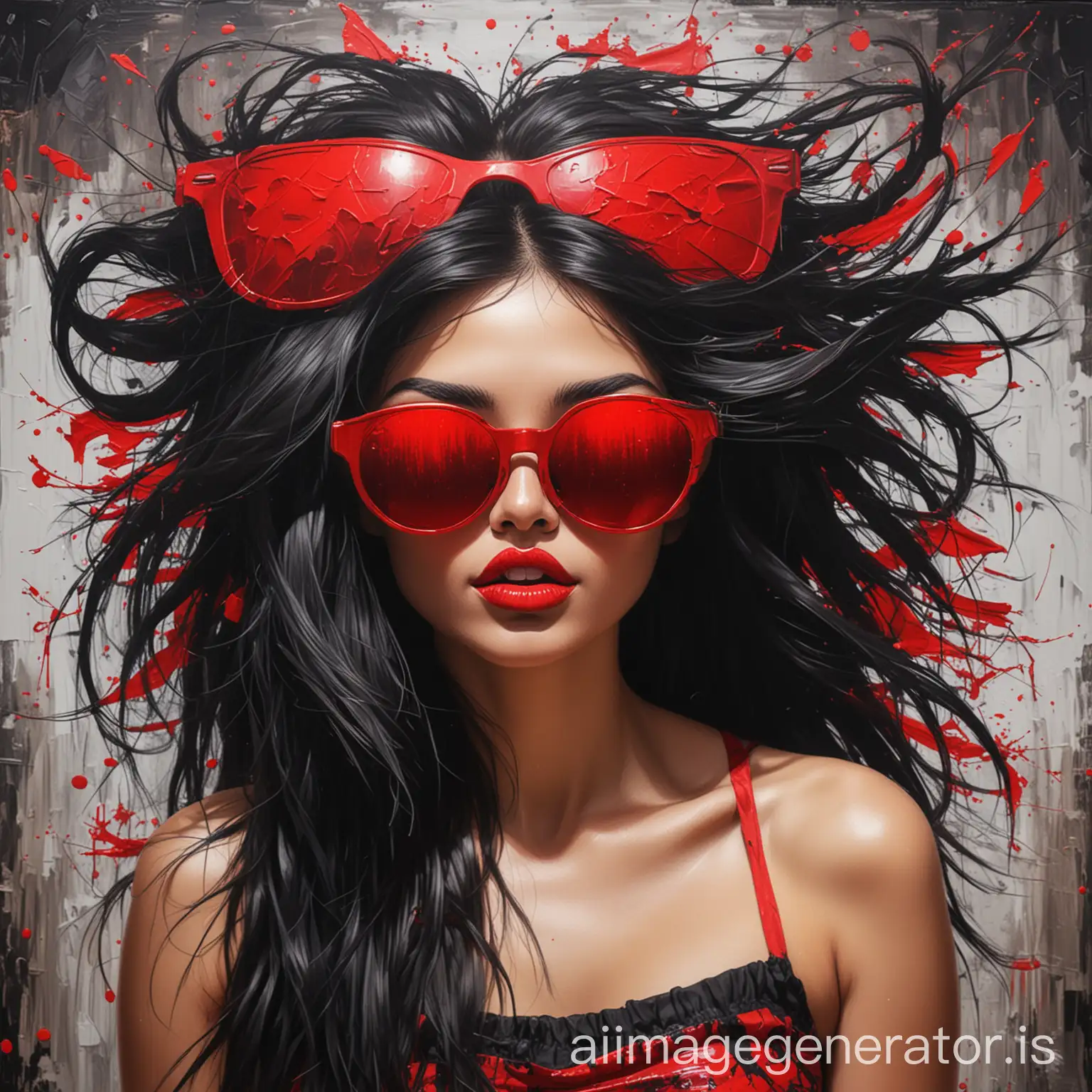 abstract art of a girl blind folded having long black shiny hair with big red sunglasses with big red lips wearing a red braai and black top