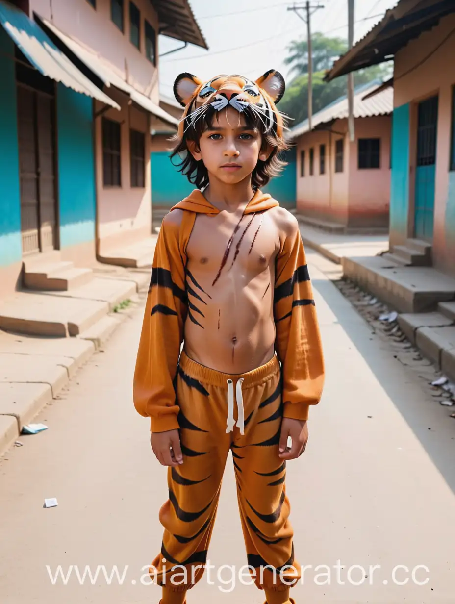парень школьник в костюме тигра Шархана из Маугли, весь рваный и грязный, чушпан, на улице, школа, тупой взгляд
