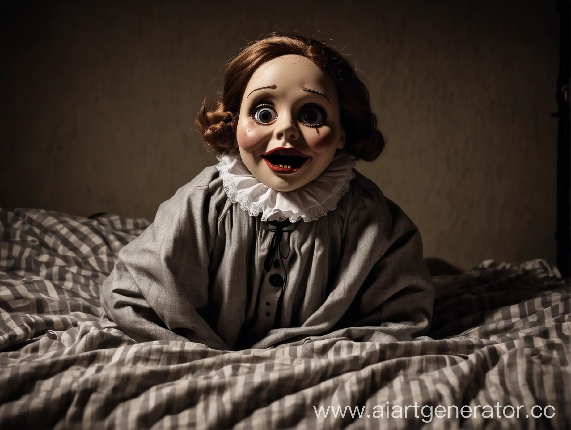 блогер супер сус в виде форфоровой куклы 20 века стилизованой под фильм ужасов пришедшей в кромешной тьме ночи, ракурс смотрящего будто камера это человек смотрит из-под одеяла лёжа в своей комнате на кровати
