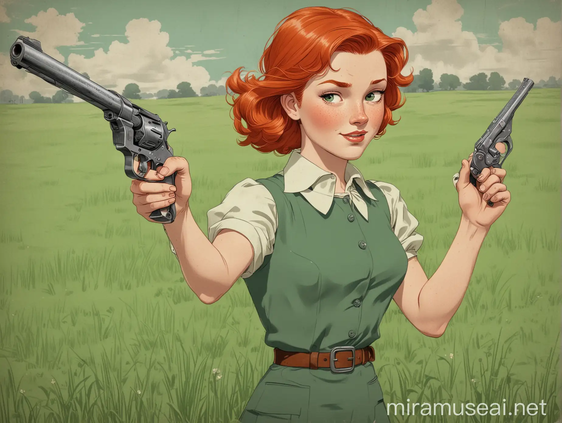 RedHaired Woman with Pistol in 1930s Cartoon Setting