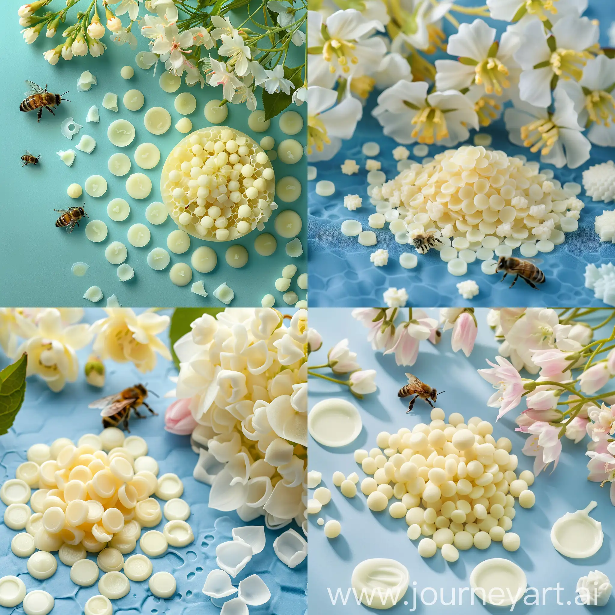Beeswax-Granules-on-Blue-Stage-with-Flowers-and-Bee