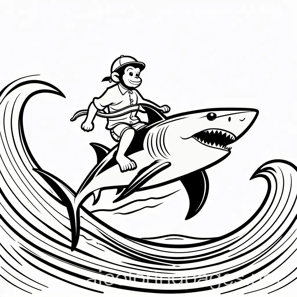 monkey riding a shark, Coloring Page, black and white, line art, white background, Simplicity, Ample White Space. The background of the coloring page is plain white to make it easy for young children to color within the lines. The outlines of all the subjects are easy to distinguish, making it simple for kids to color without too much difficulty