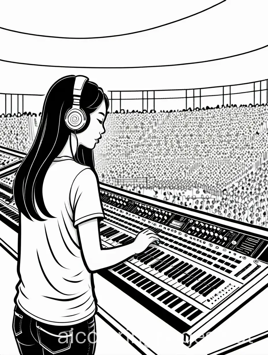 Asian girl using an audio mixer in the back of a music concert venue, Coloring Page, black and white, line art, white background, Simplicity, Ample White Space. The background of the coloring page is plain white to make it easy for young children to color within the lines. The outlines of all the subjects are easy to distinguish, making it simple for kids to color without too much difficulty