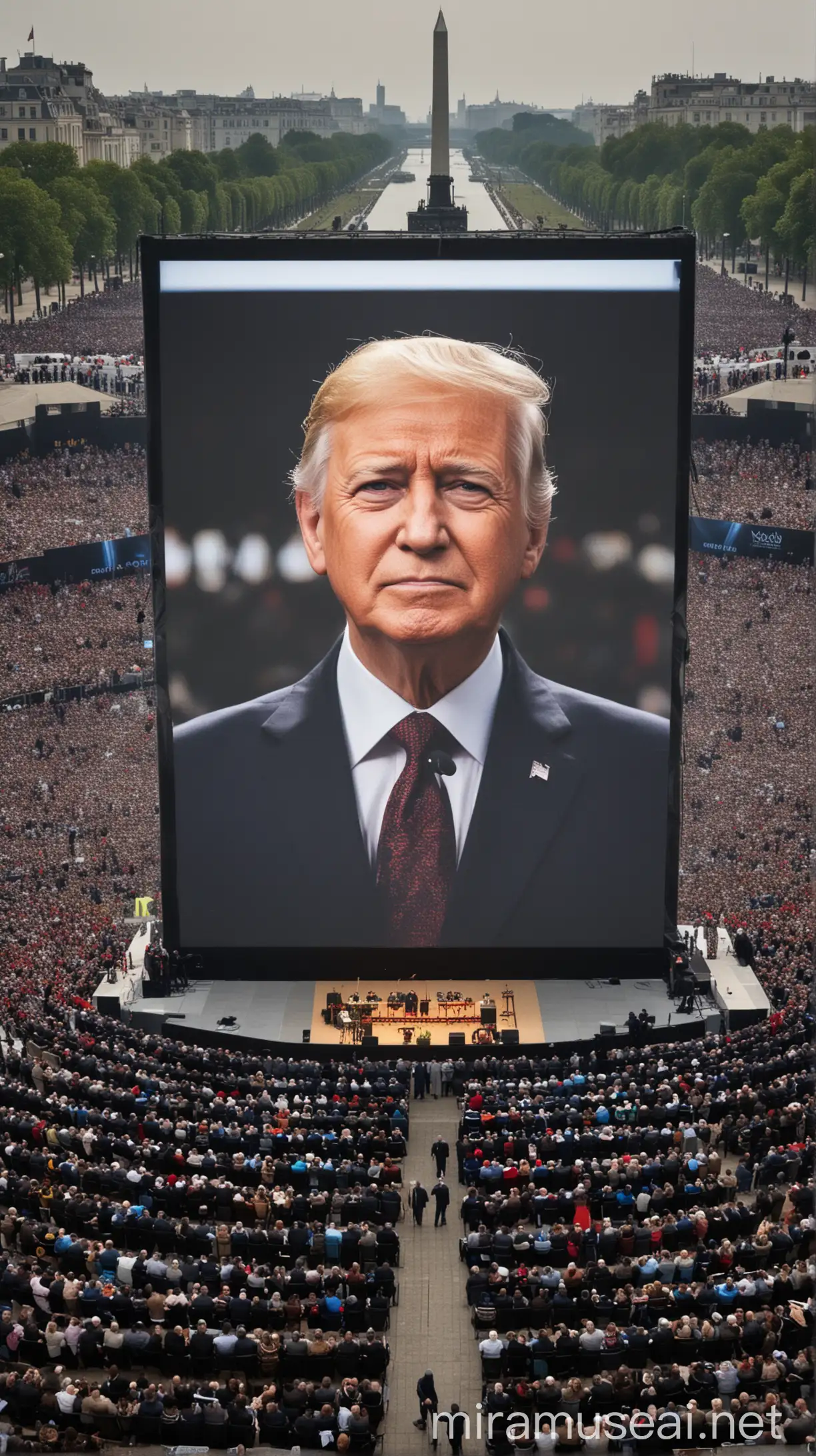 A grand (((opening ceremony))) featuring a world president delivering a stirring address on a giant LED screen, with a massive audience gathered around, all eyes fixed intently on the historic moment