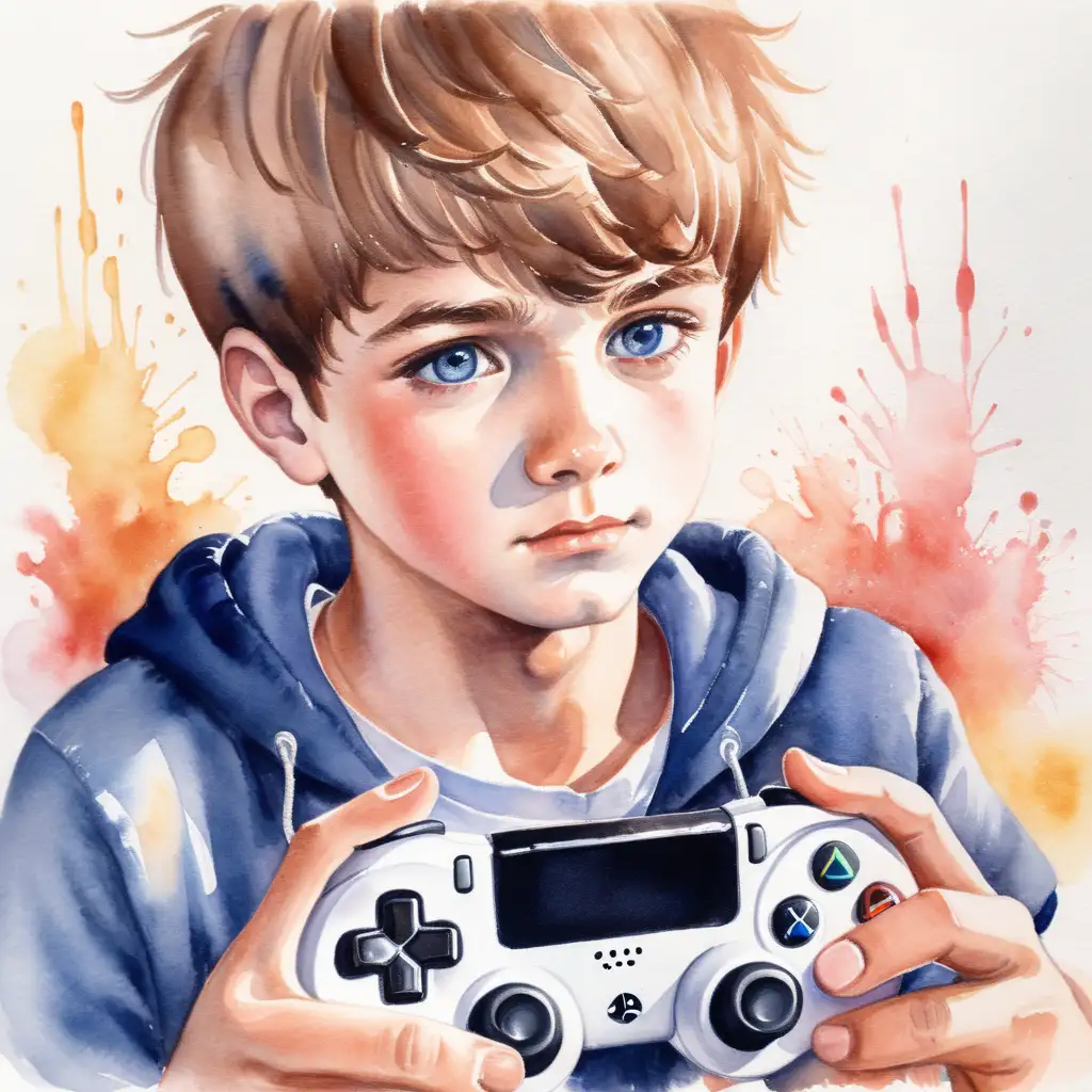 Adorable Boy Enjoying Video Games Vibrant Watercolor Illustration