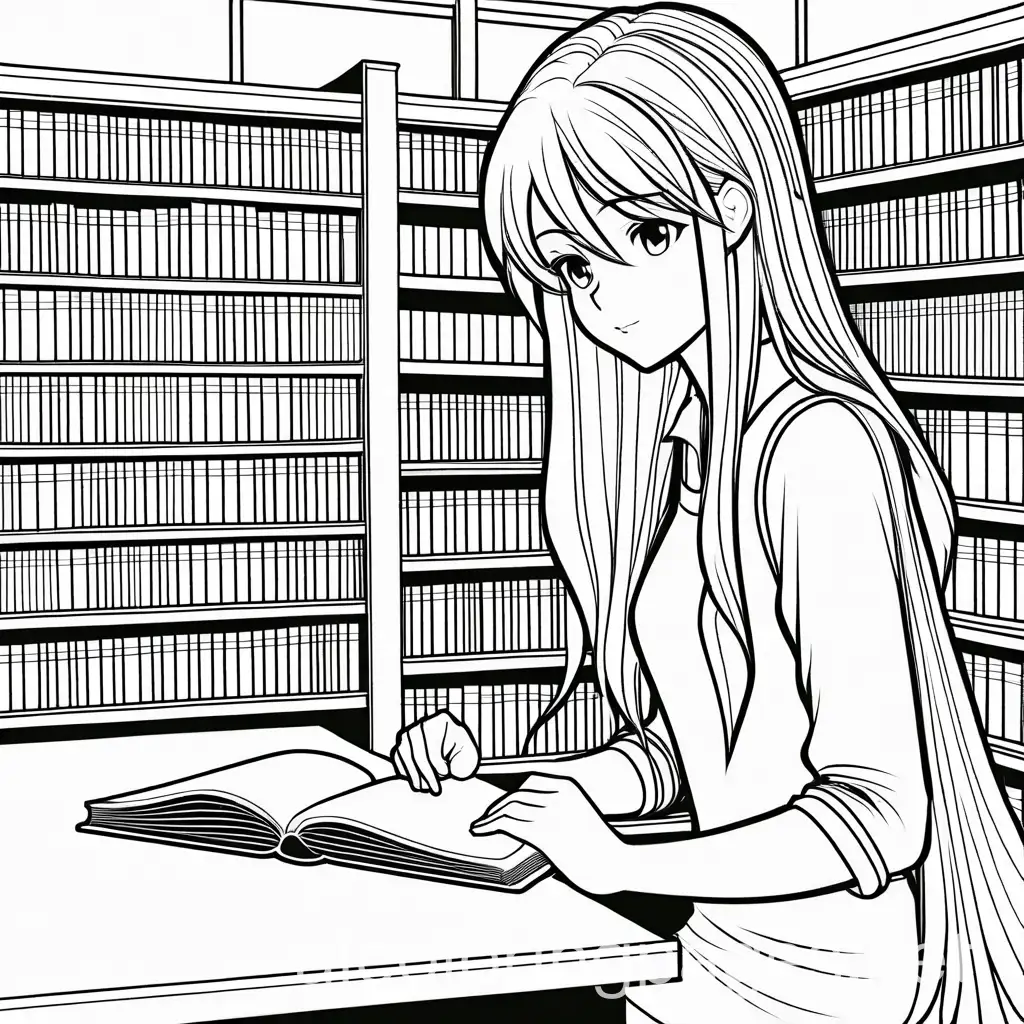 manga style 15 year girl long hair in the school library , Coloring Page, black and white, line art, white background, Simplicity, Ample White Space. The background of the coloring page is plain white to make it easy for young children to color within the lines. The outlines of all the subjects are easy to distinguish, making it simple for kids to color without too much difficulty
