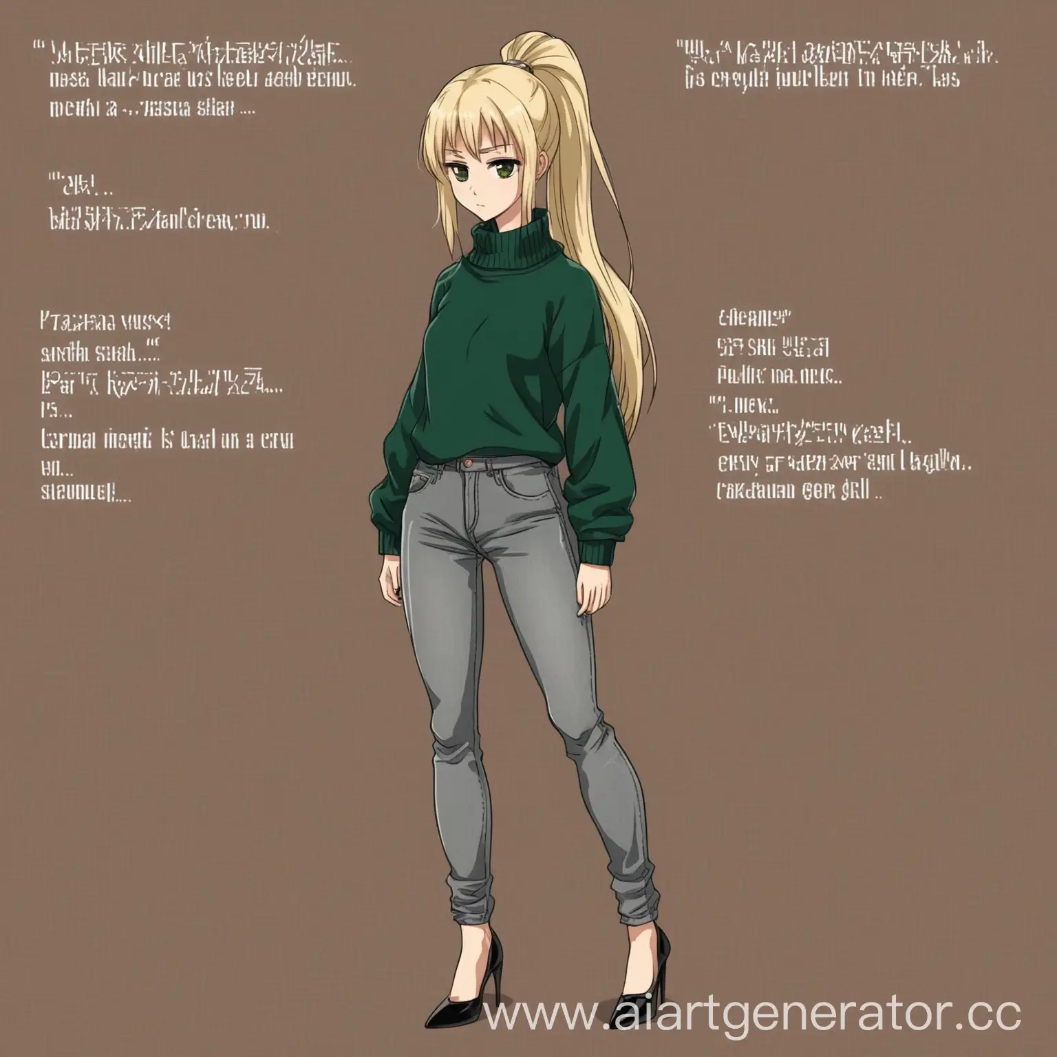 Кареглазая аниме девушка шатенка , волосы в хвостик , в Серых широких джинсах в черных туфлях на каблуке и зеленой кофте