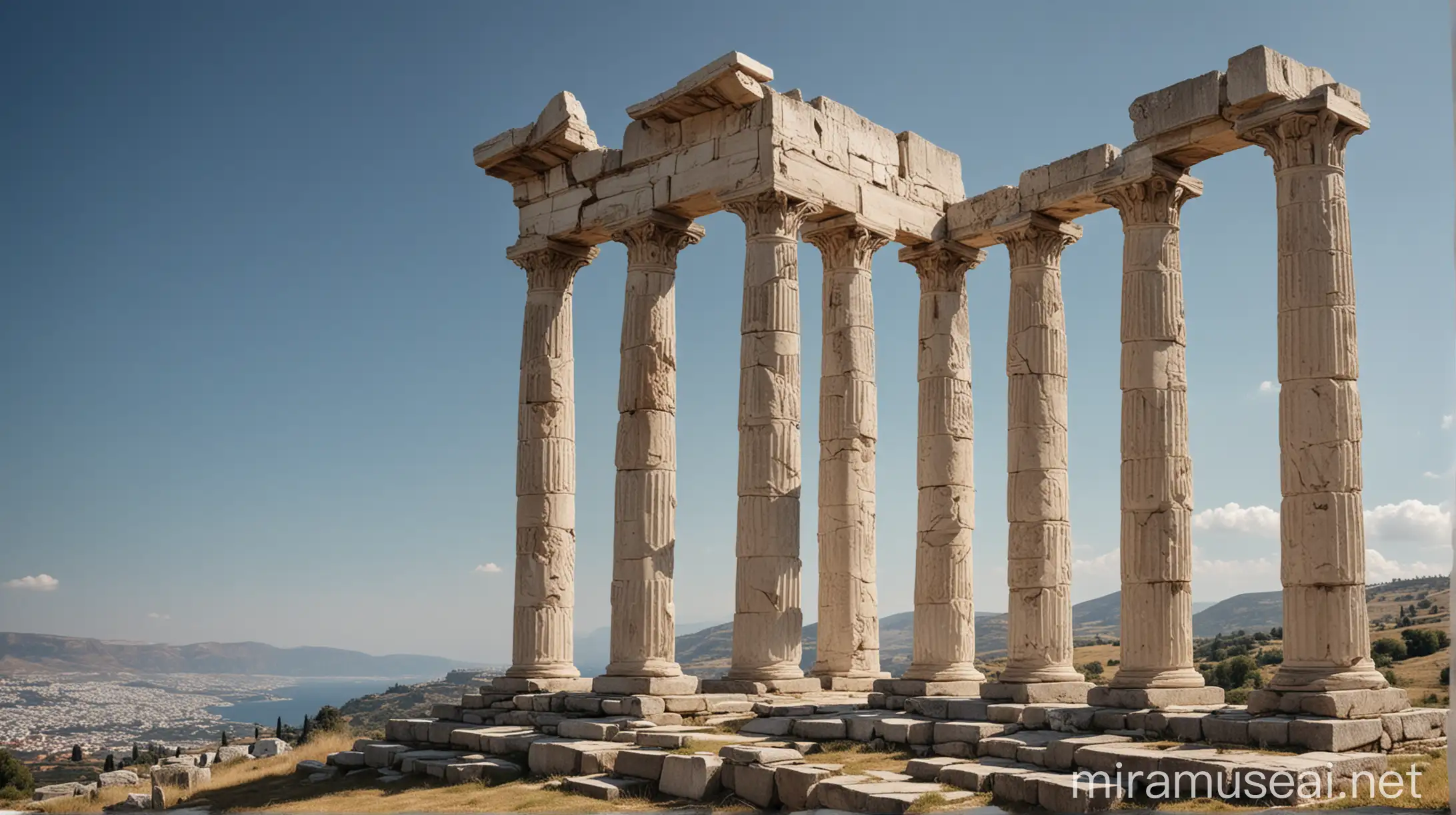 at the top of the hill, three Greek columns stand in a row, connected at the top by a lintel. the pillars are mighty and beautiful. in the background is a landscape and a sunny day. the sky is cloudless.