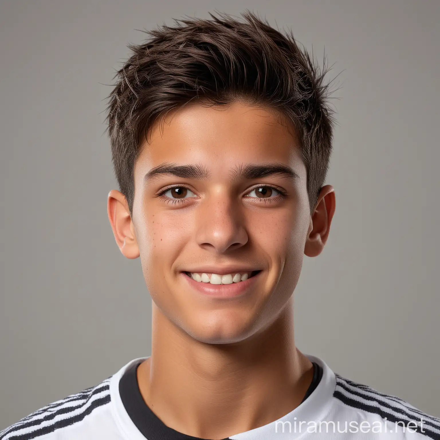 85mm DSLR colour photography of a very detailed headshot fitting all of head and hair in frame. teenager portuguese soccer player with medium length dark brown hair with a small smile, plain white shirt, grey background