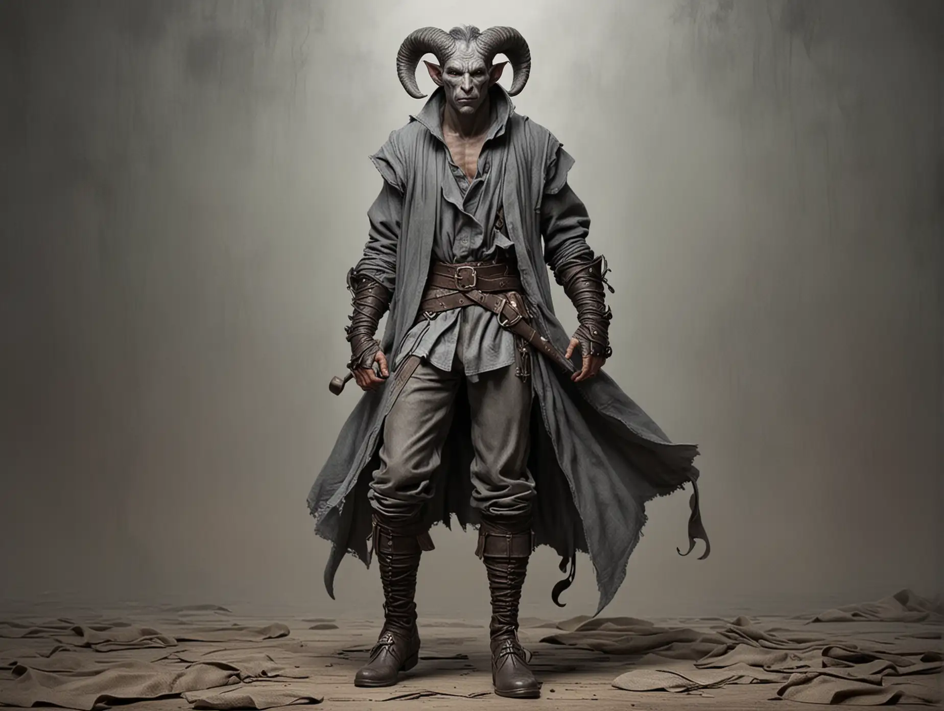 A Tiefling man in grey rags with grey shoes