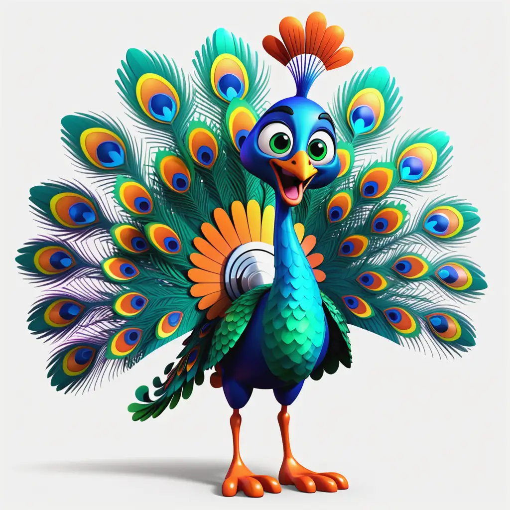 cartoon pixar-style 3d character of a vibrantly colored peacock on a transparent background