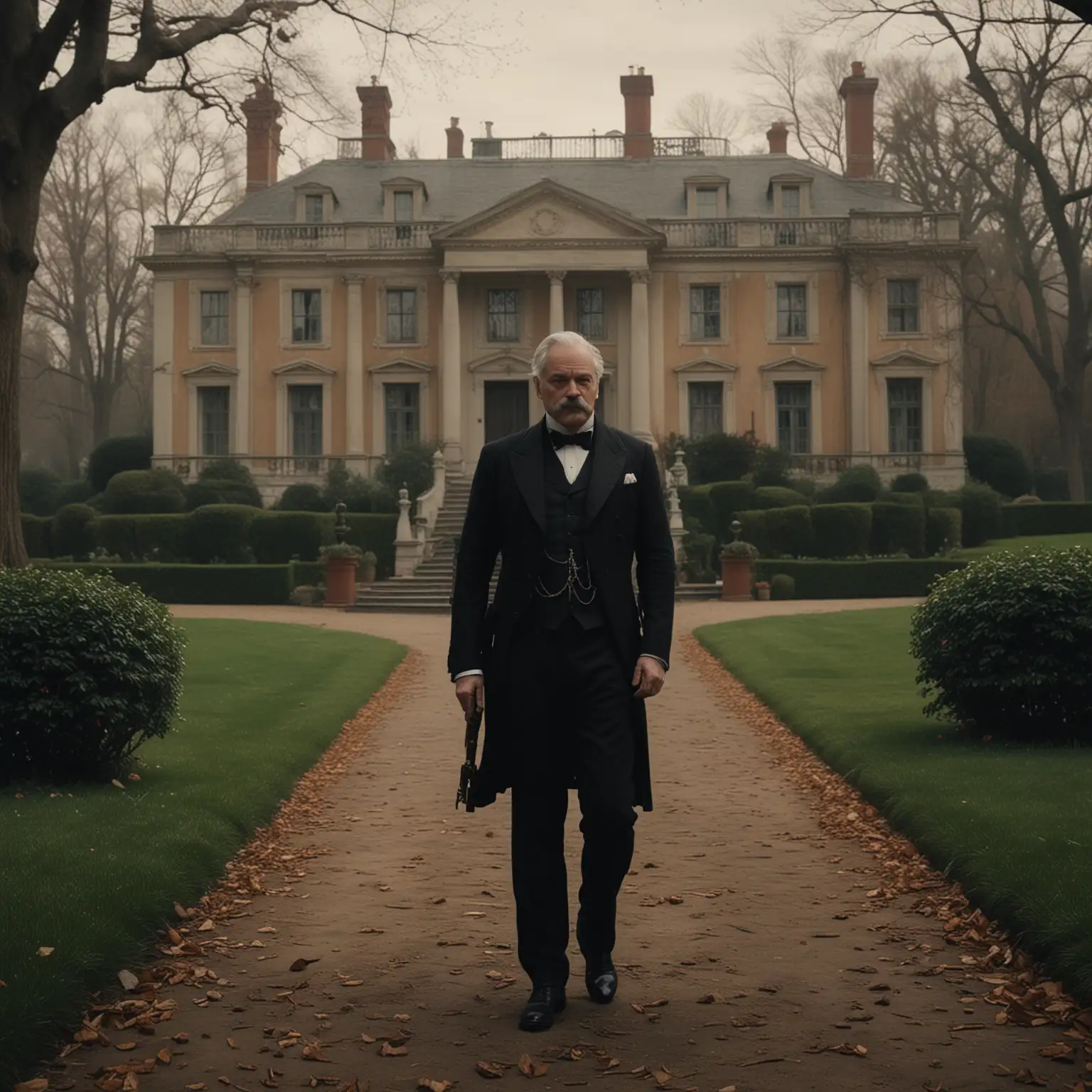 Cinematic and dramatic, realistic portrait.
Background: mansion, walking on the garden,  create a background during the 1900 era
Scene: J.P morgan standing 