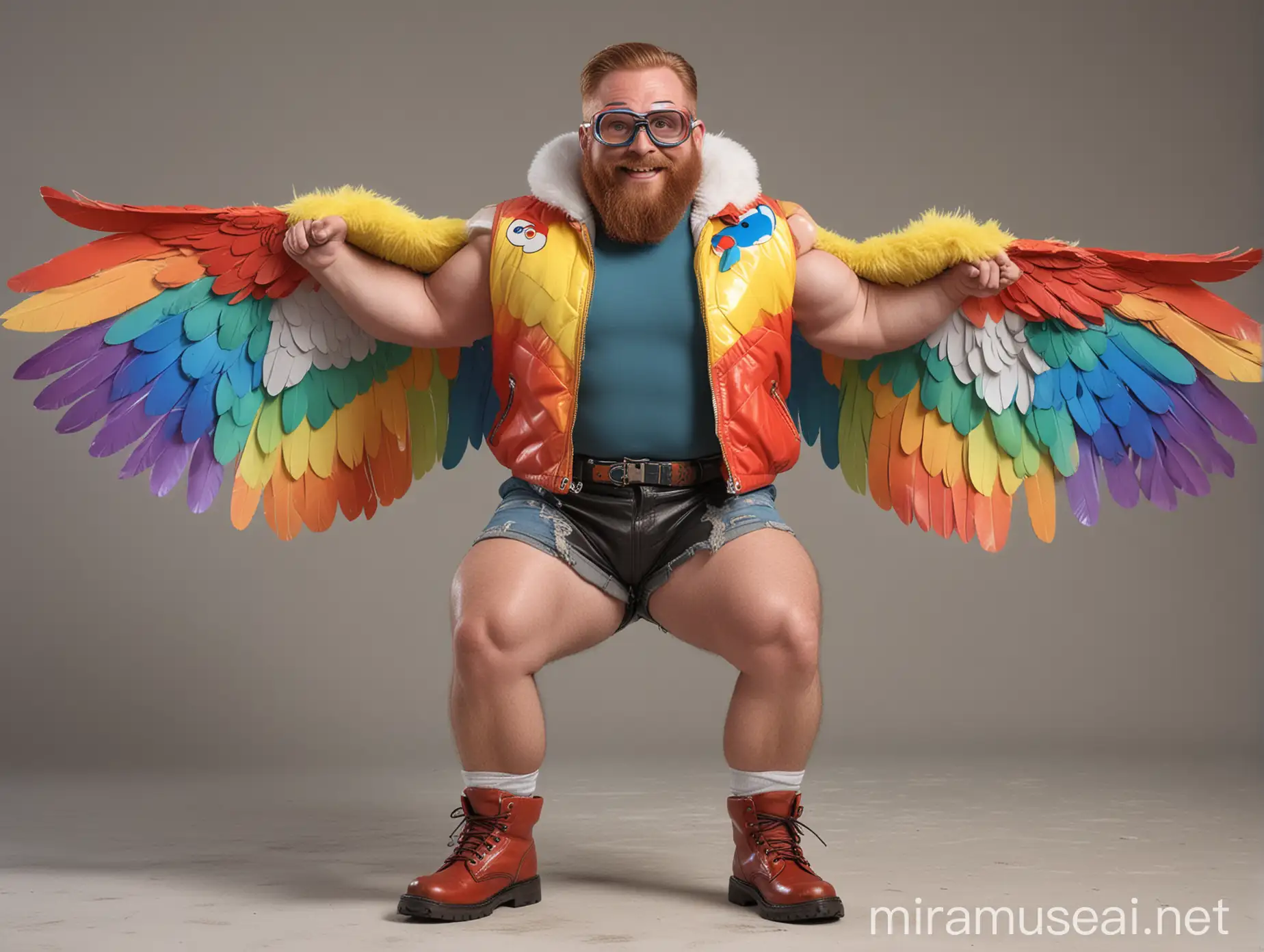 Muscular Redhead Bodybuilder Flexing with Rainbow Eagle Wing Jacket and Doraemon Goggles