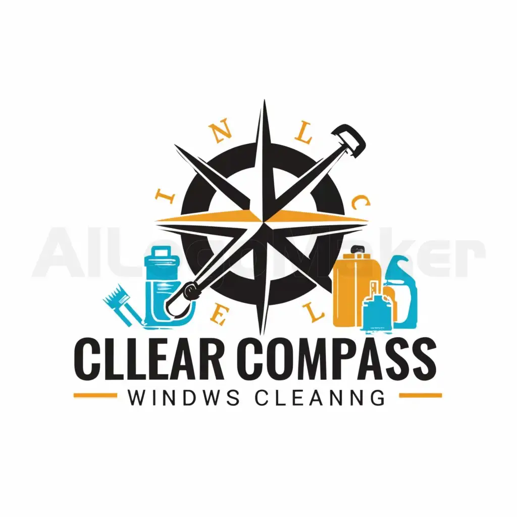 a logo design,with the text "Clear Compass LLC.", main symbol:A compass, incorporate a pressure washer and window cleaning supplies,Moderate,clear background