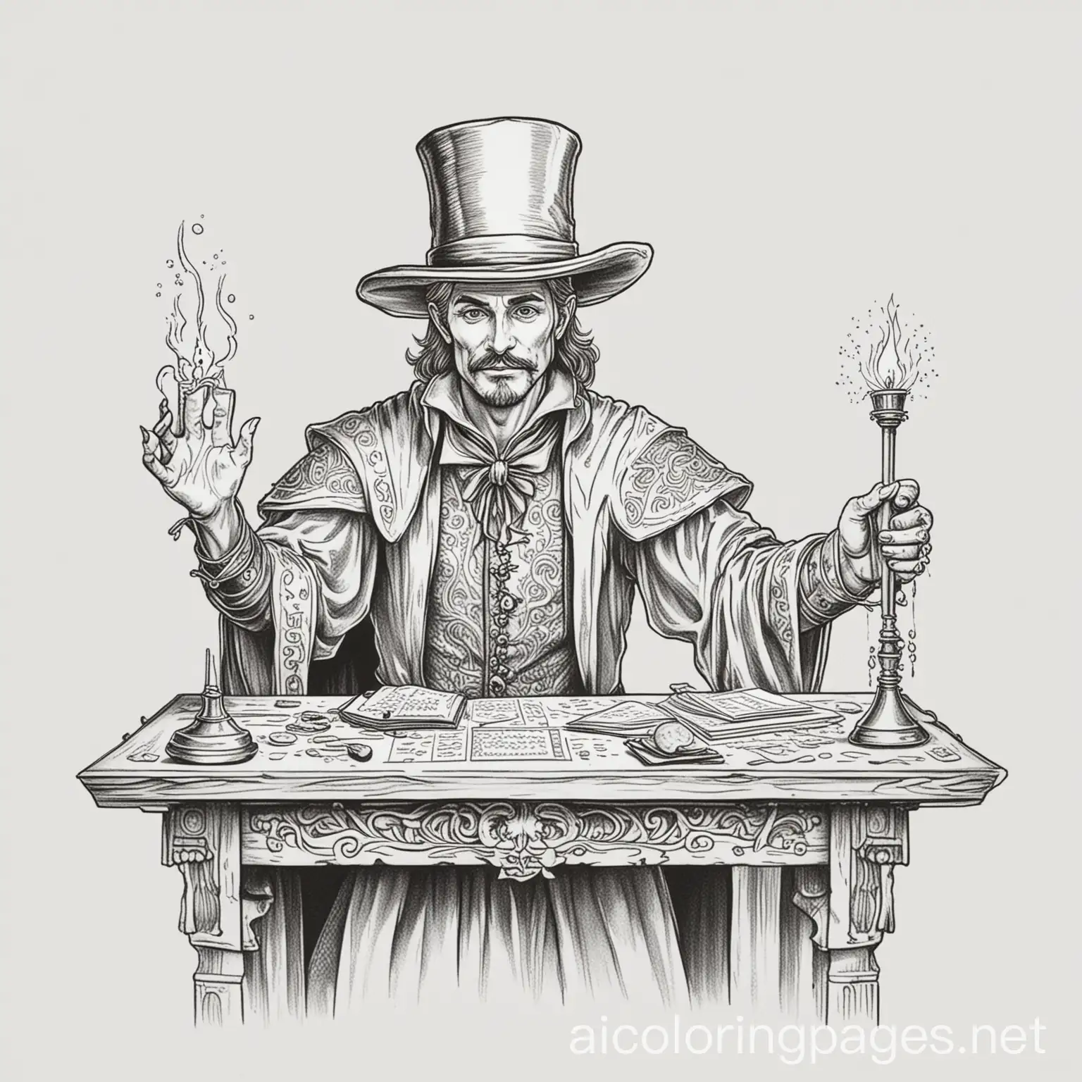 A man dressed as a magician with a table, medieval objects in a mystical aura, Coloring Page, black and white, line art, white background, Simplicity, Ample White Space. The background of the coloring page is plain white to make it easy for young children to color within the lines. The outlines of all the subjects are easy to distinguish, making it simple for kids to color without too much difficulty