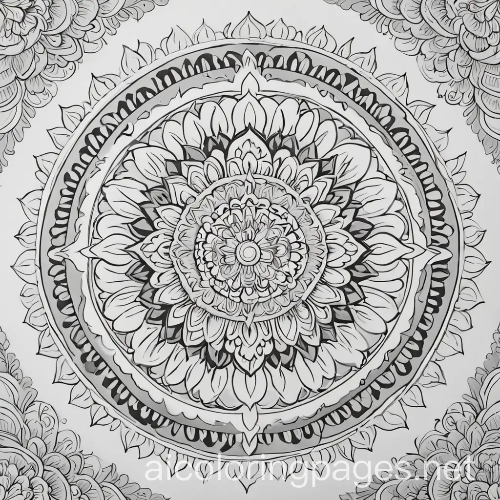 mandala coloring page, Coloring Page, black and white, line art, white background, Simplicity, Ample White Space. The background of the coloring page is plain white to make it easy for young children to color within the lines. The outlines of all the subjects are easy to distinguish, making it simple for kids to color without too much difficulty