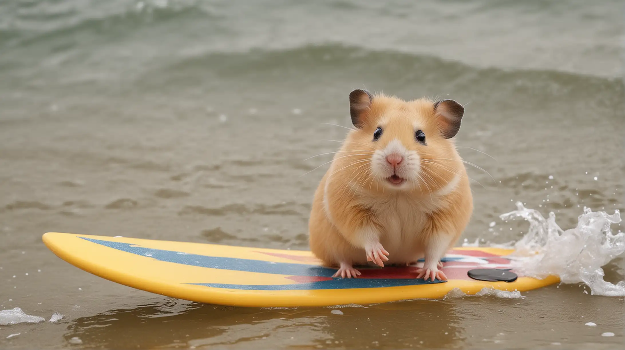 one cute hamster at the beach surfing with a surfboard, enjoying the surfing 