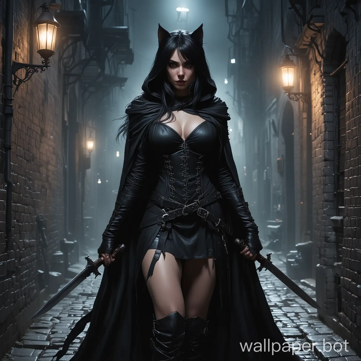 A catgirl Assassin, with pale skin and long black hair standing in a dark alley, at night, wearing a dark cloak. The theme is the middle ages. she has a dagger in each hand.