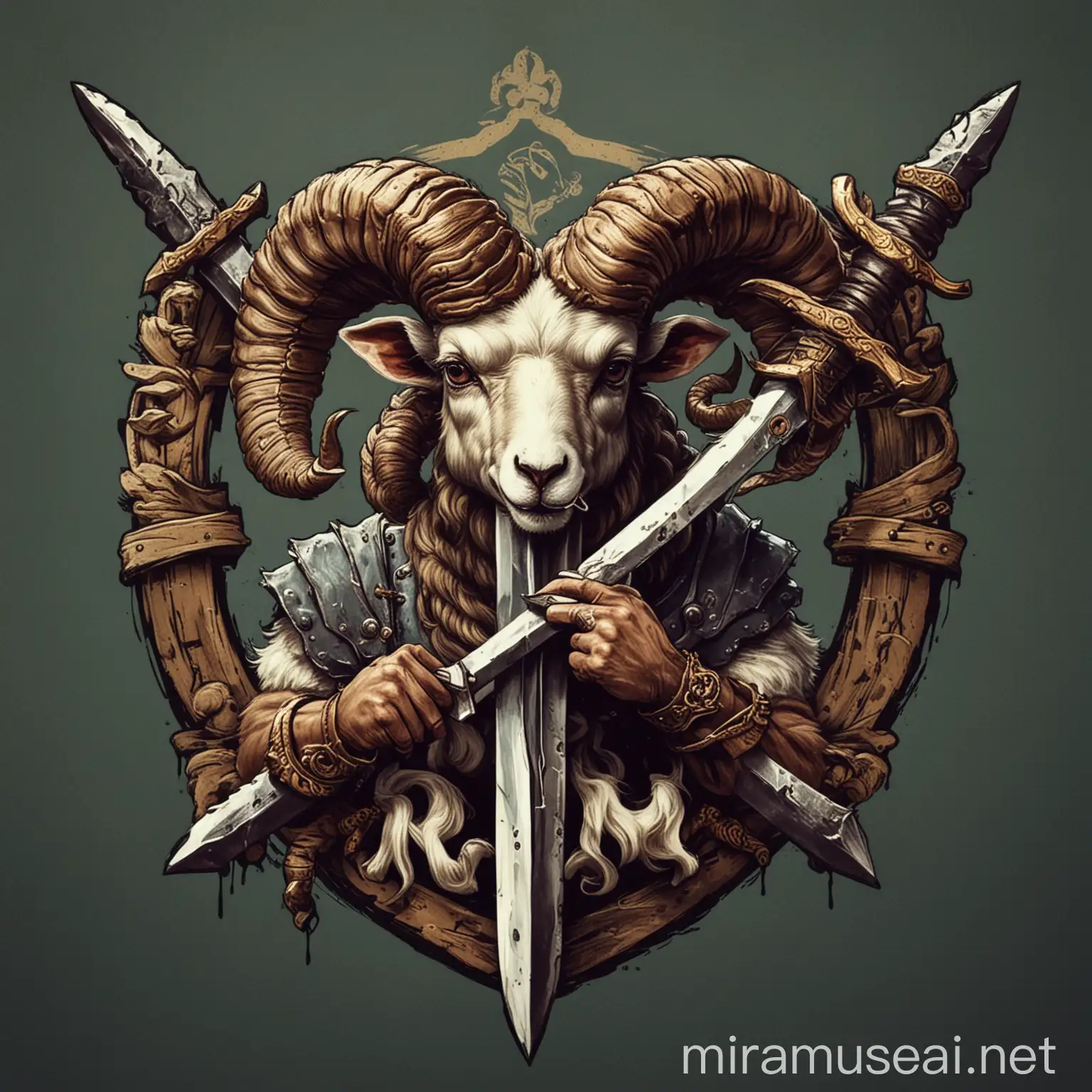 Ram Biting Sword Majestic Animal Emblem Logo Design