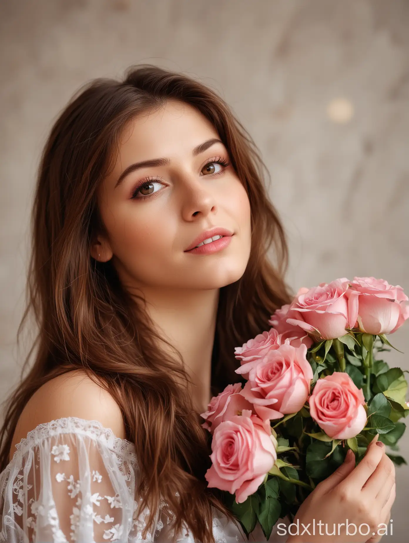 woman, long brown hair, small breast, realistic, photography, holding a bouquet of roses, looking up, background bokeh, close up
