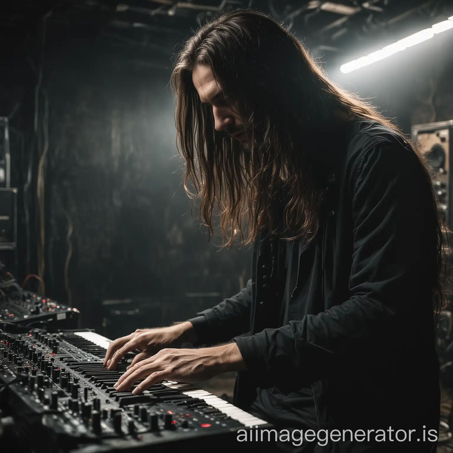 LongHaired-Man-Playing-Electronic-Synthesizer-in-Underground-Club