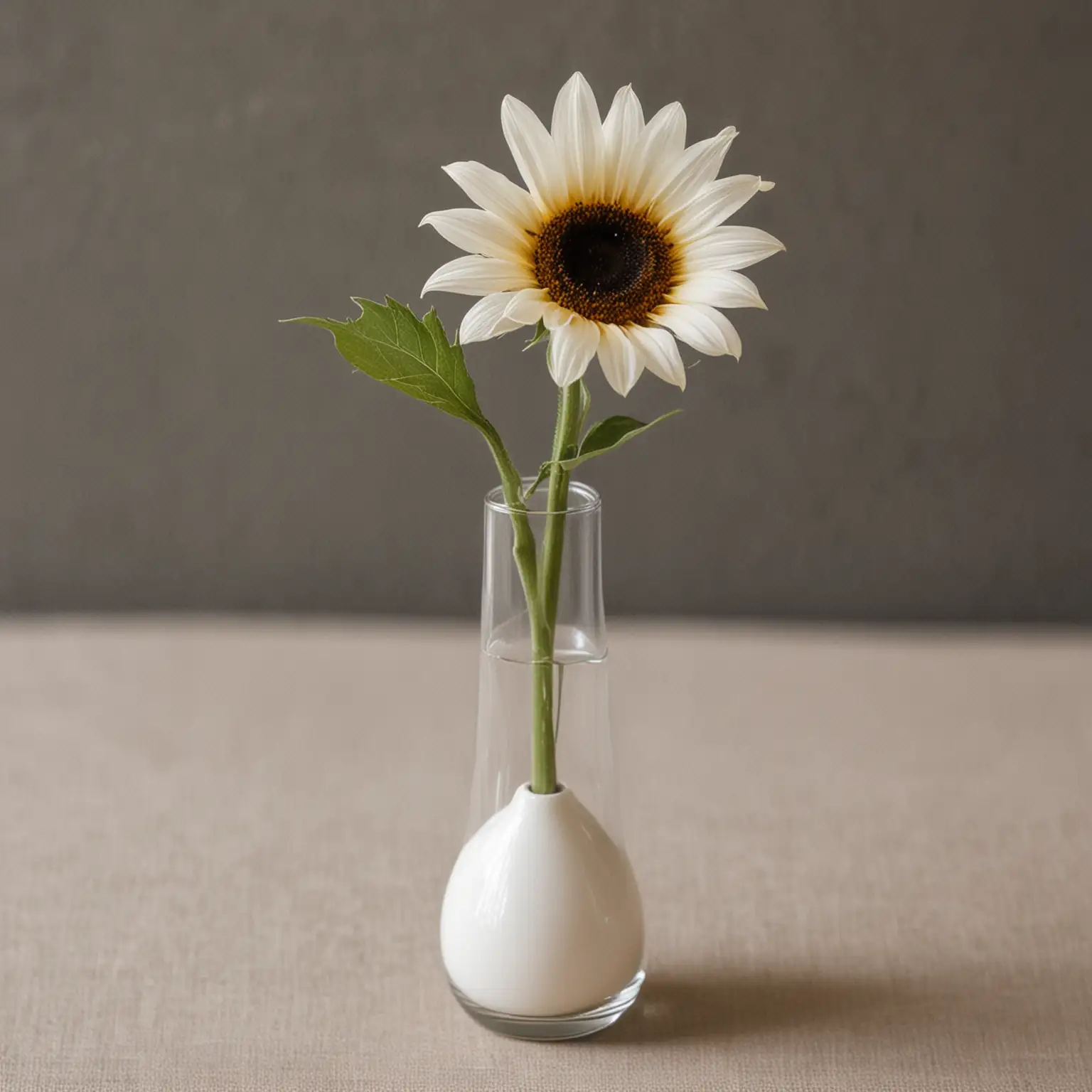simple minimalist wedding centerpiece with a single sunflower in a small white bud vase