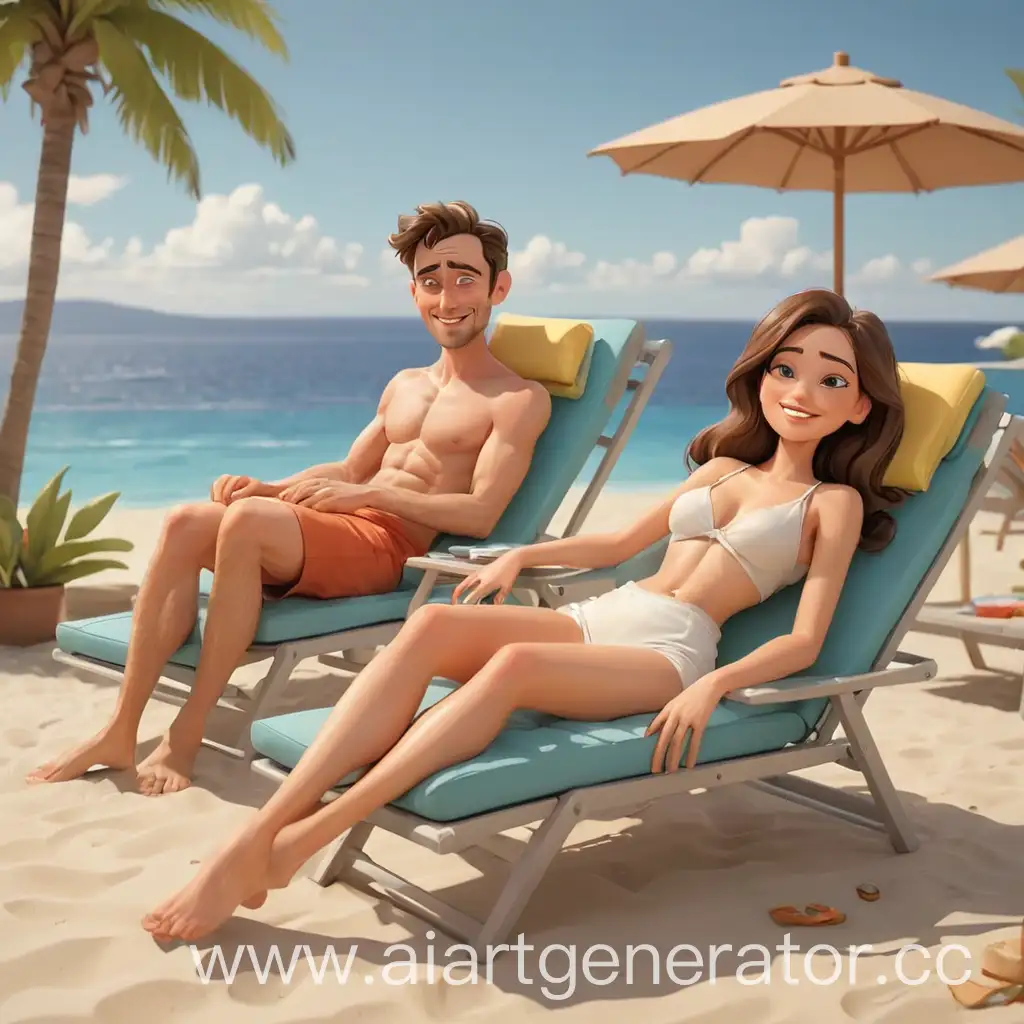 Cartoon-Couple-Relaxing-on-Loungers-by-the-Poolside