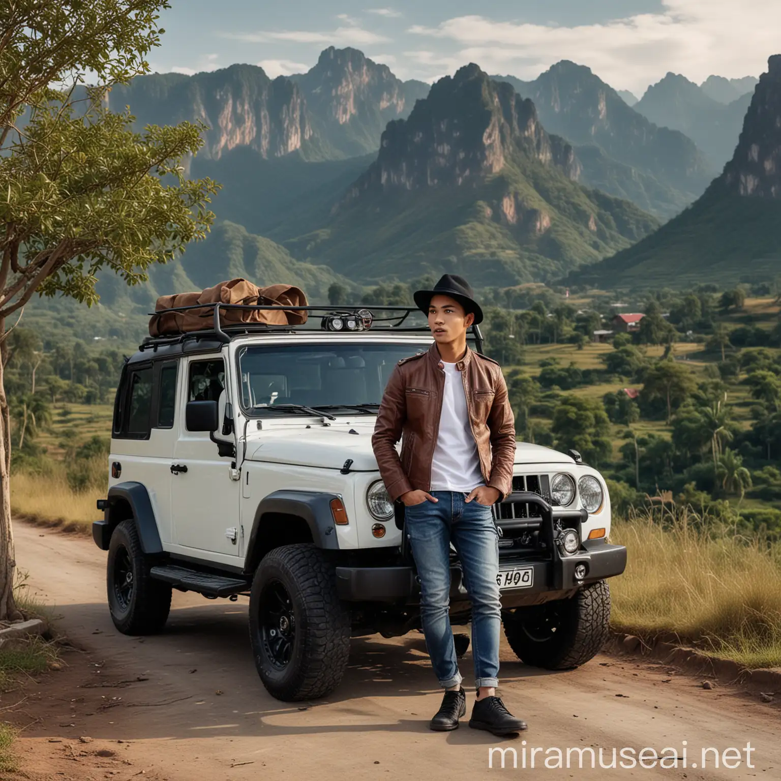 A handsome Indonesian man, 28 years old, oval face, wearing hat, medium body,with white t-shirt combined with leather jacket, jeans, leather shoes, standing near a black jeep, tree and mountain background, natural photography, HD photography, DSLR, realistic, 32K UHD, best quality, high quality.