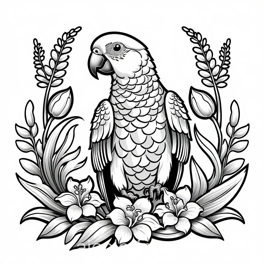 american grey parrot with iris,lavender,daisy,orchid ,tulips,marigold and roses, Coloring Page, black and white, line art, white background, Simplicity, Ample White Space. The background of the coloring page is plain white to make it easy for young children to color within the lines. The outlines of all the subjects are easy to distinguish, making it simple for kids to color without too much difficulty
