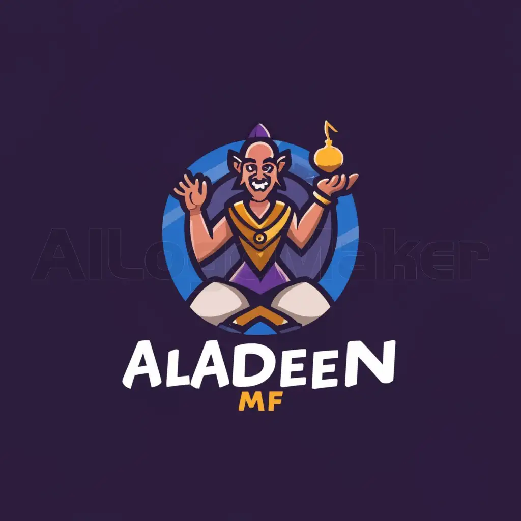 a logo design,with the text "aladeen mf", main symbol:aladdin meme,Moderate,be used in gaming industry,clear background