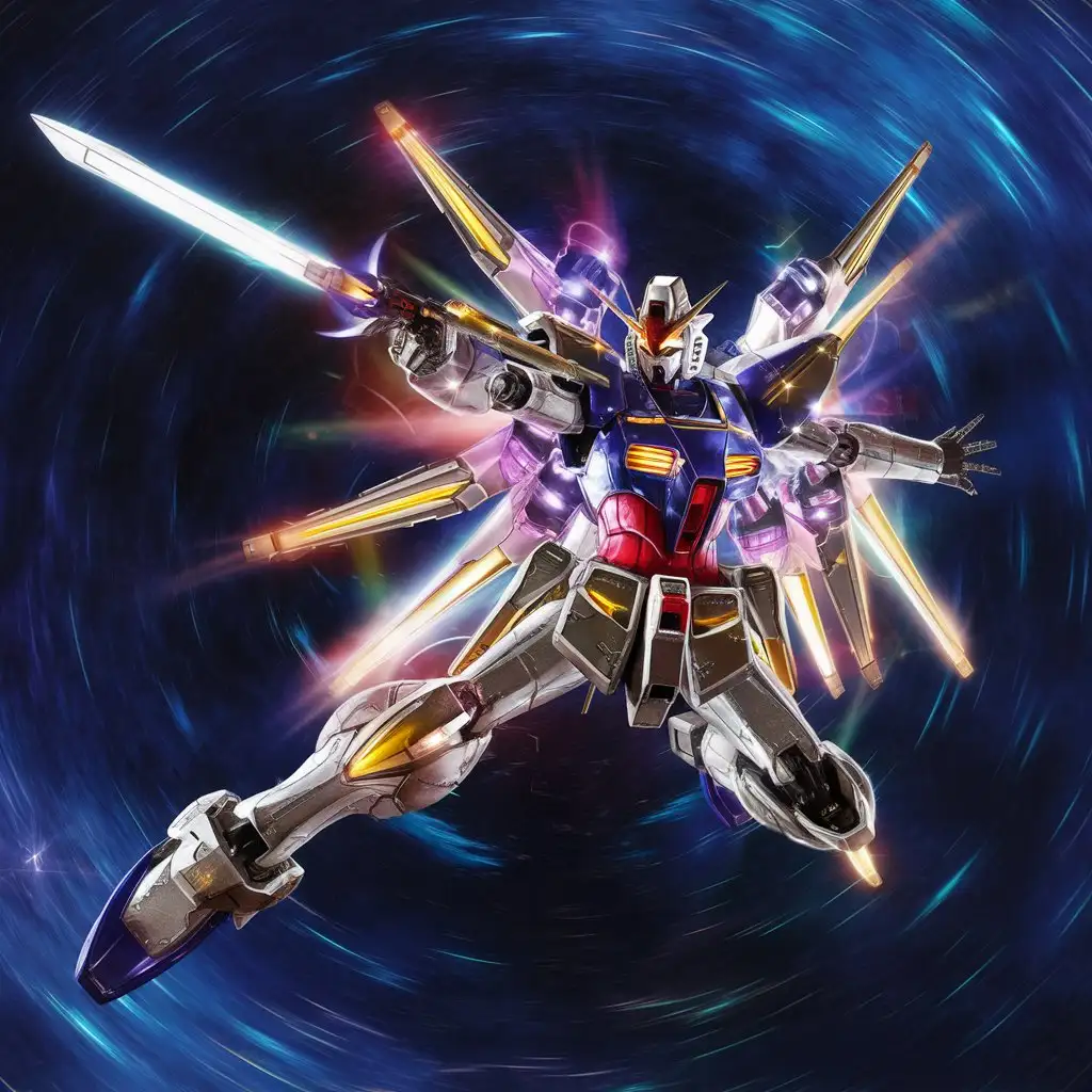 Shining Gundam action pose, vivid colors, led lights, outer space, ultra realistic 