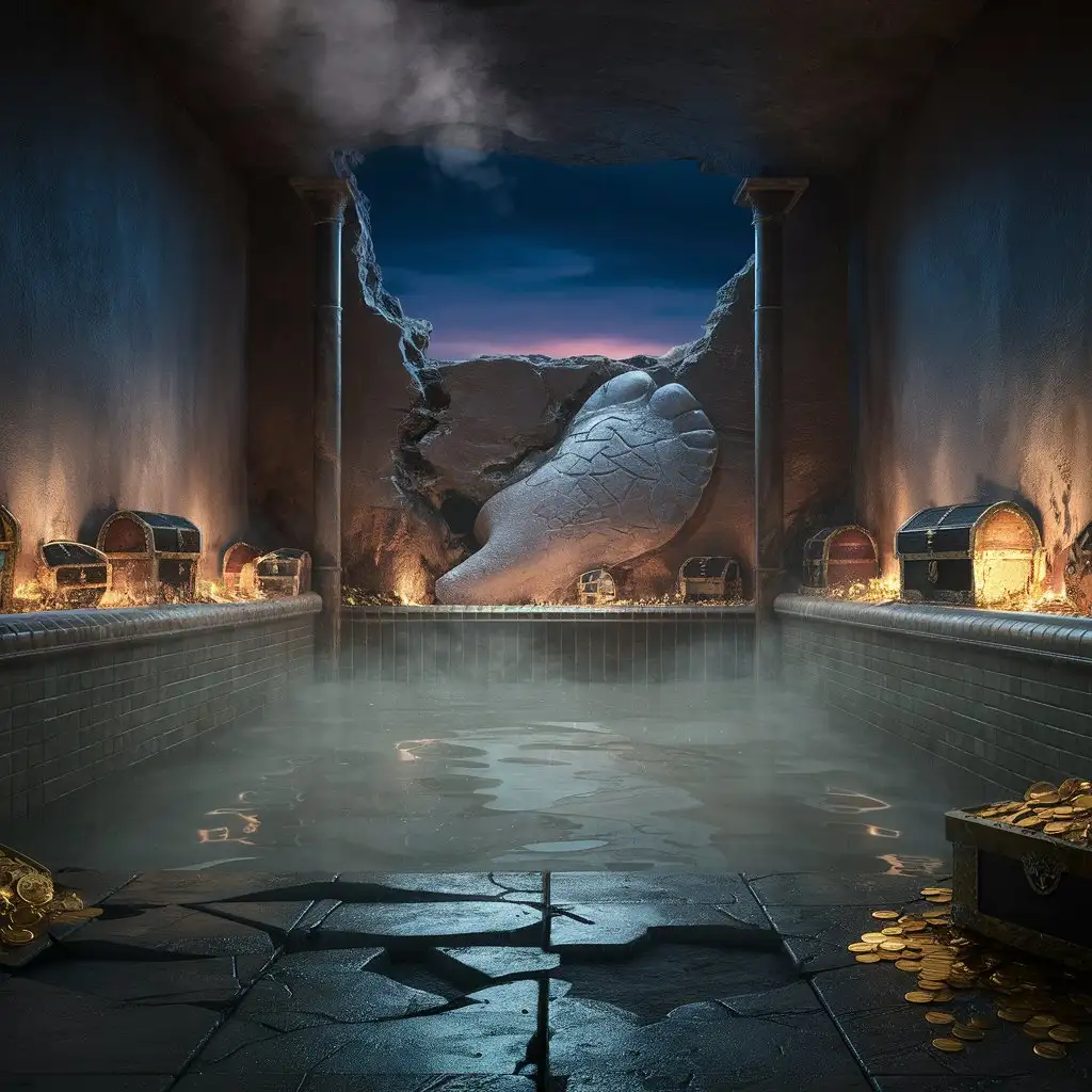 Steam rises from a murky bathing pool surrounded by gold coins and treasure chests lining the walls . The tiled floor around the bath is cracked and ruined, as though something huge had stomped across it. Whatever caused this damage also left a gaping hole in one wall, through which you can see open air and the twilight sky.
