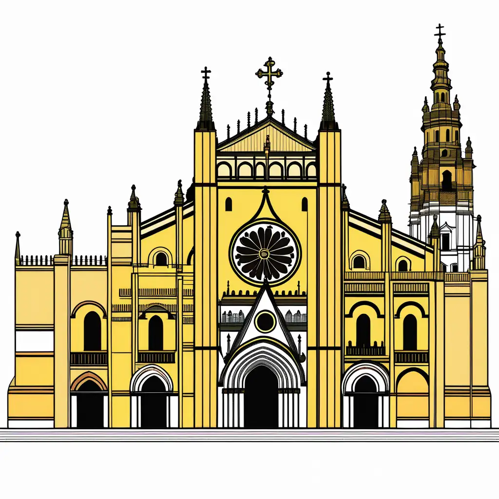 create a coloring page of Cathedral of sevilla in spain, Coloring Page, black and white, line art, white background, Simplicity, Ample White Space. The background of the coloring page is plain white to make it easy for young children to color within the lines. The outlines of all the subjects are easy to distinguish, making it simple for kids to color without too much difficulty