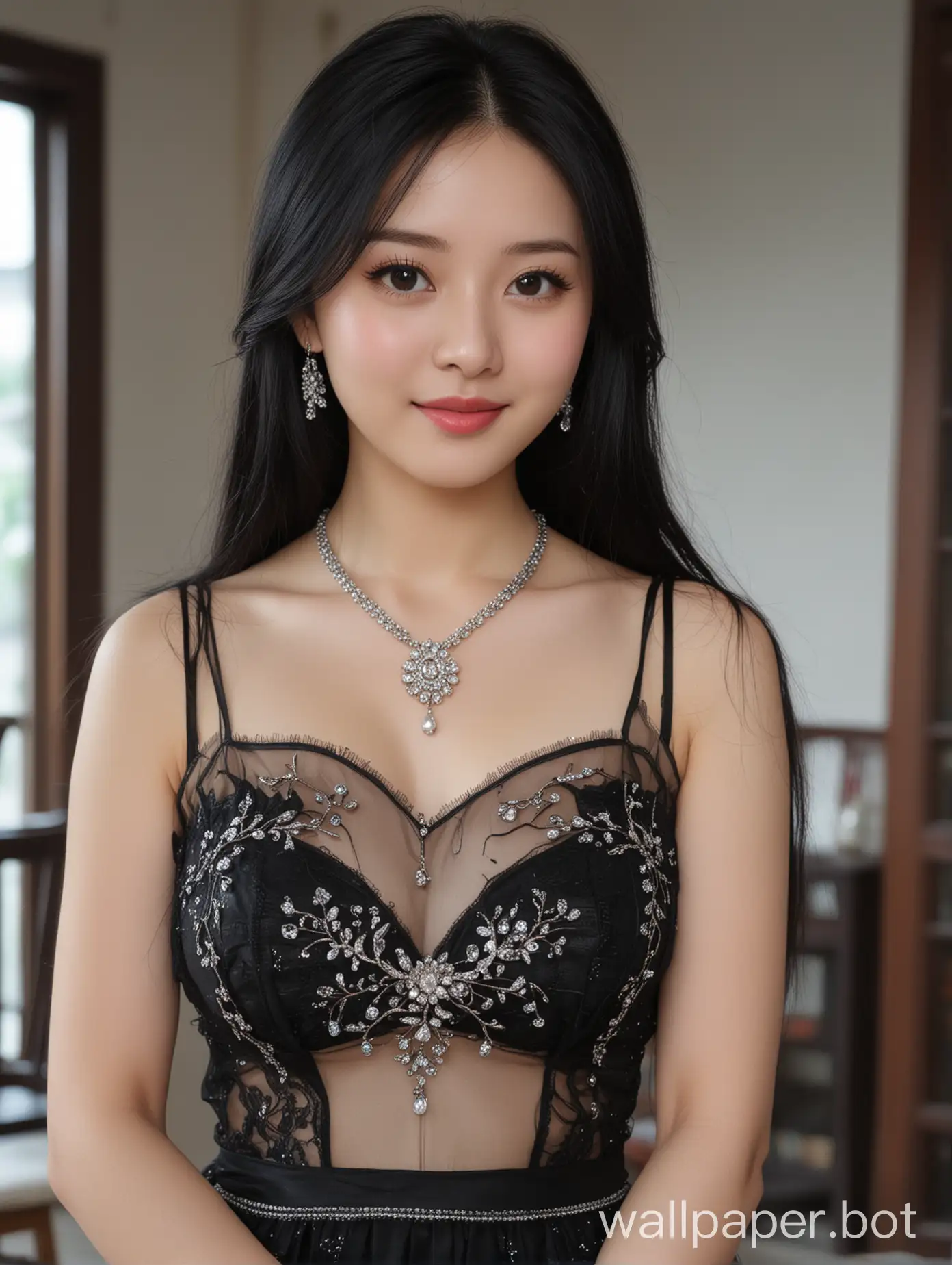 Generate an image of most beautiful (Chongqing Provinces China) actress big tits cute pretty girl 18 years old, A-line Dress Transparent, with a fair skin tone and long black hair. She has a round smiling face. The background is a modern house interior. The camera shot captures her from head to stomach. She is wearing makeup and has a necklace, jhumka earring, and bracelet on.