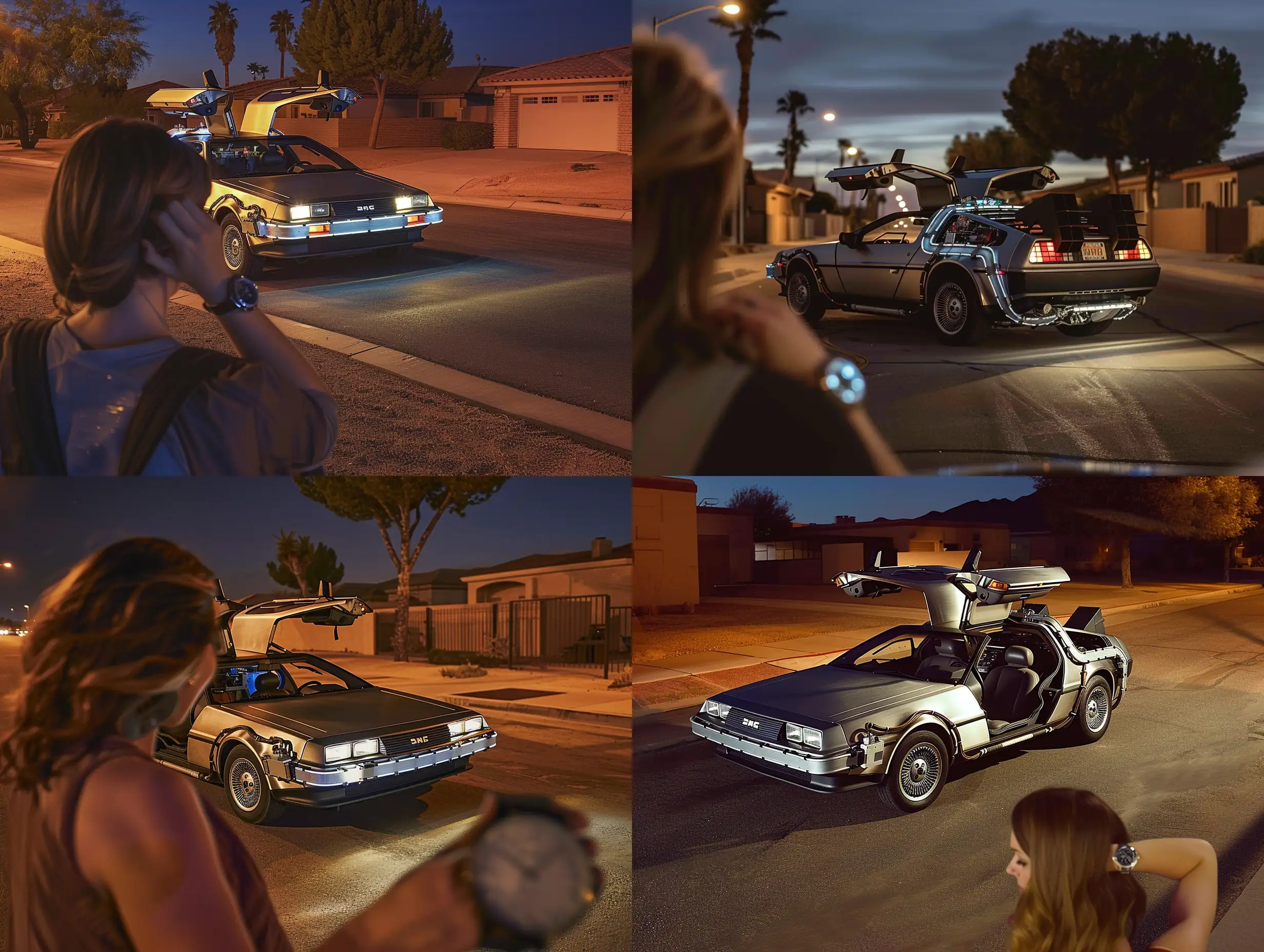 Deserted-Desert-Street-at-Night-with-Back-to-the-Future-Delorean-and-Woman-Checking-Watch
