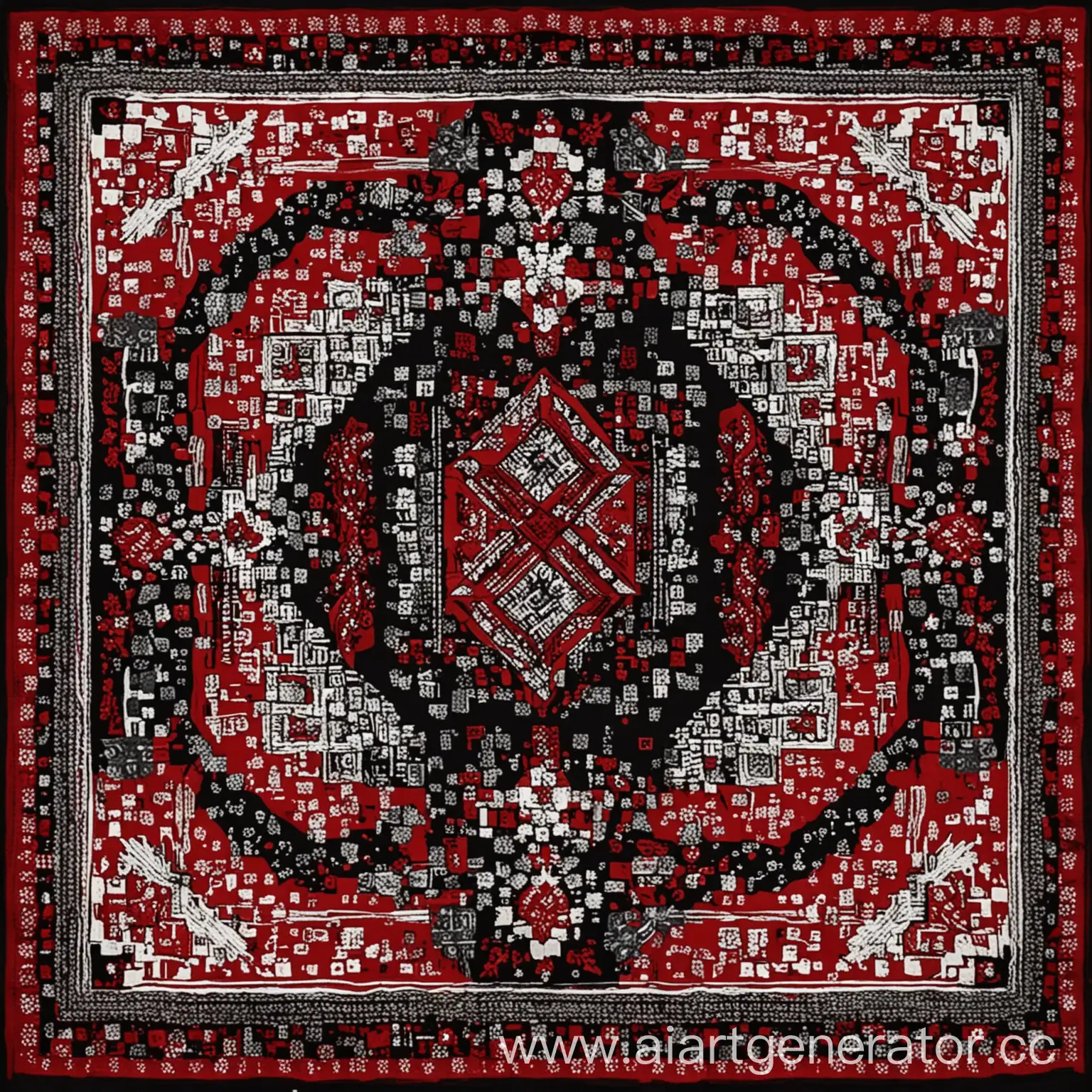 Slavic-Style-Square-Scarf-with-Cubic-Patterns-in-Black-White-and-Red-Colors