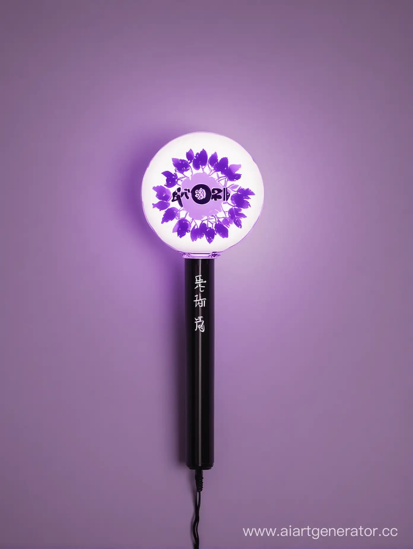 Lightstick of the kpop group ROPHILES, round shape, the name of the group inside the lightstick, purple, black, and white, with flower figures inside