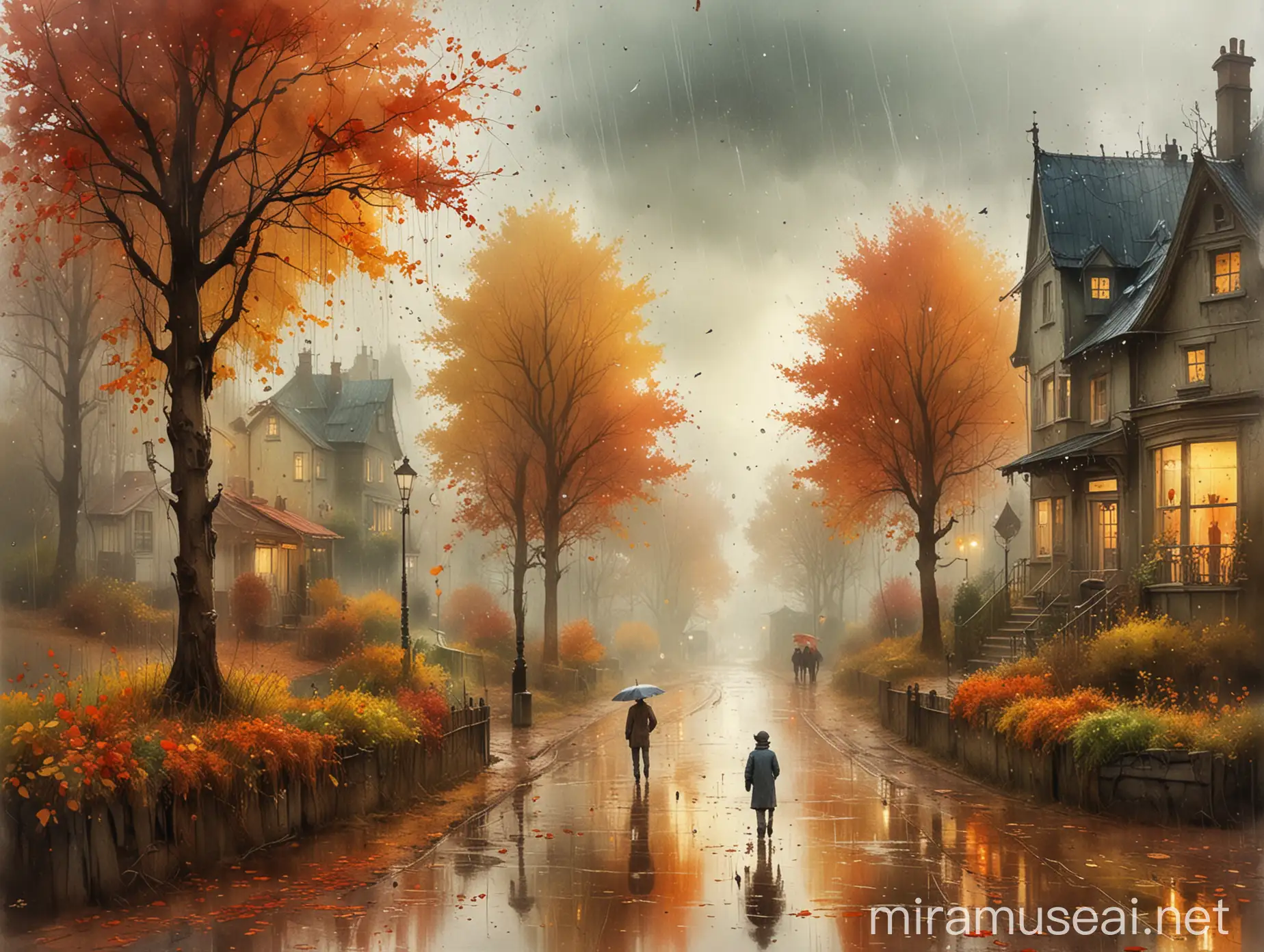 Serene Autumn Rain Watercolor Painting by Alexander Jansson