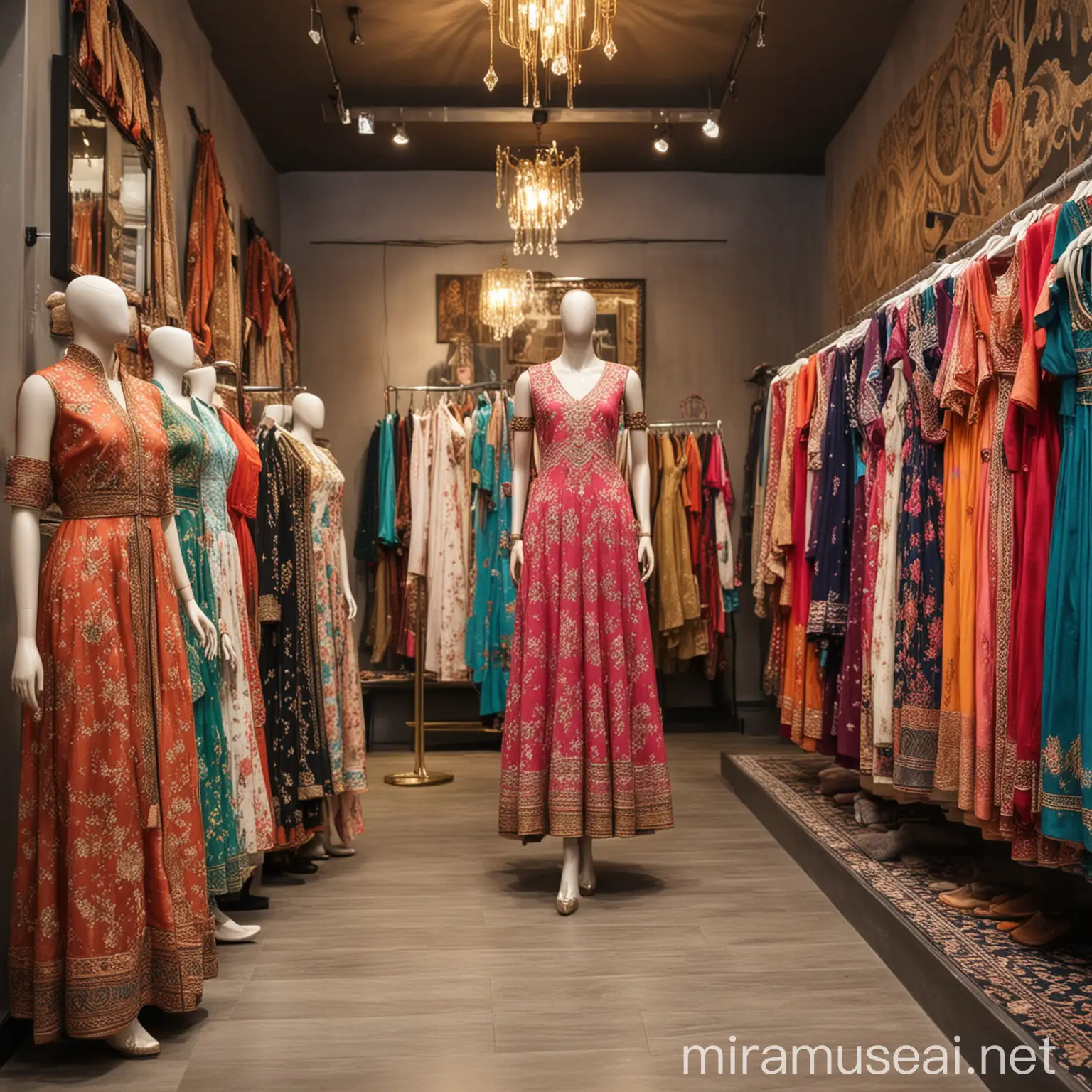 Exquisite Desi Eastern Asian Dresses Adorning Boutique Interior