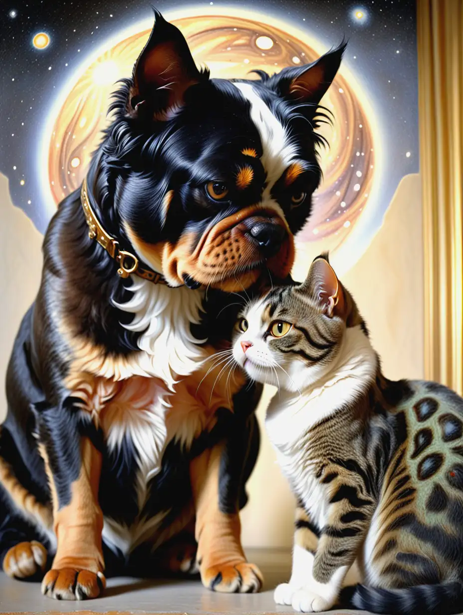  A Bouvier dog nuzzling a Tortise Haired Cat affectionately Masterpiece Concept Art Painting striking hyper real painting Michael Kaluta Aleksandr Kuskov Christophe Heughe Lucien Freud centre-jour Photorealistic Sharp Focus 8k resolution pin sharp magical particles particle system is celestial