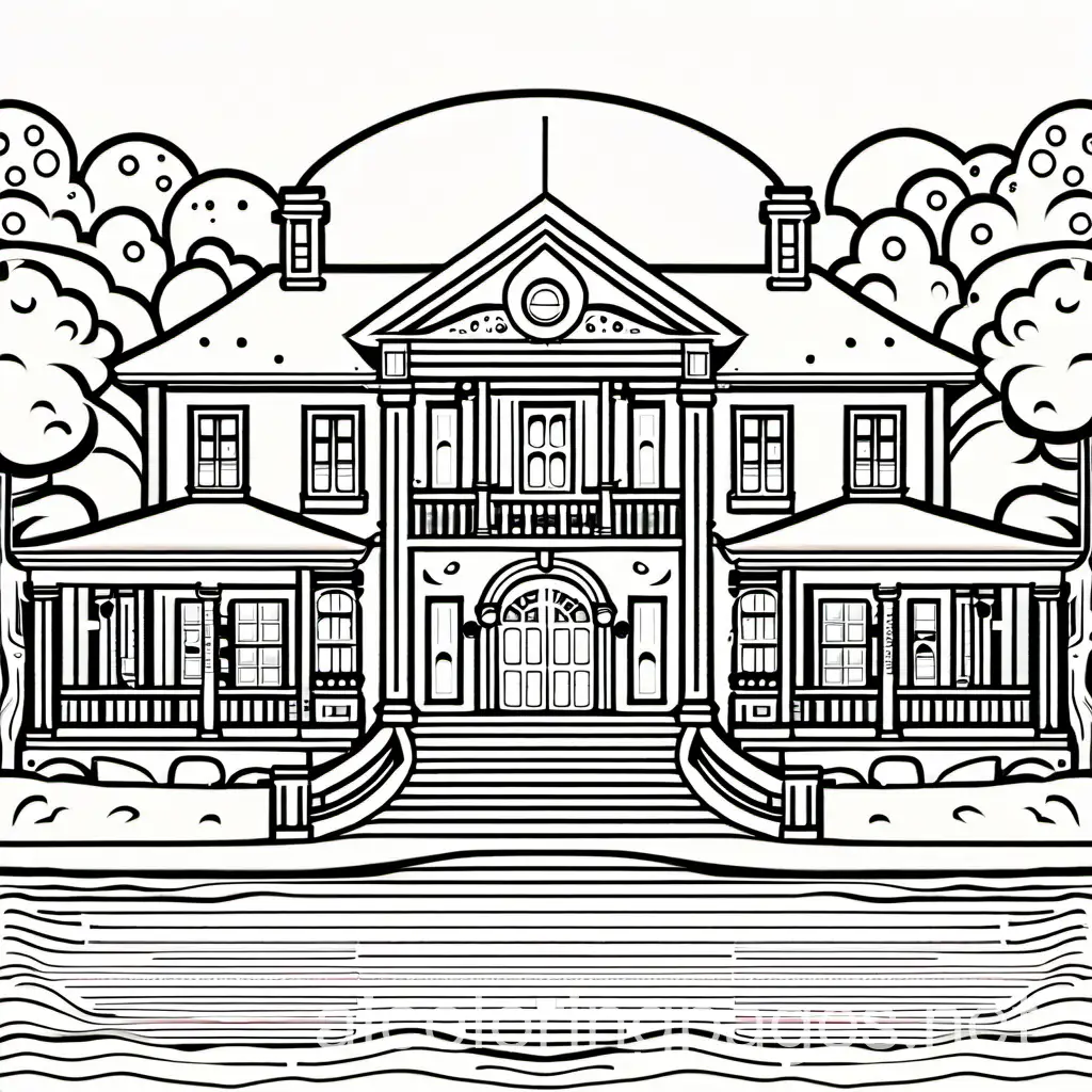 Mansion 
with lake and cougar more cougar 
, Coloring Page, black and white, line art, white background, Simplicity, Ample White Space. The background of the coloring page is plain white to make it easy for young children to color within the lines. The outlines of all the subjects are easy to distinguish, making it simple for kids to color without too much difficulty