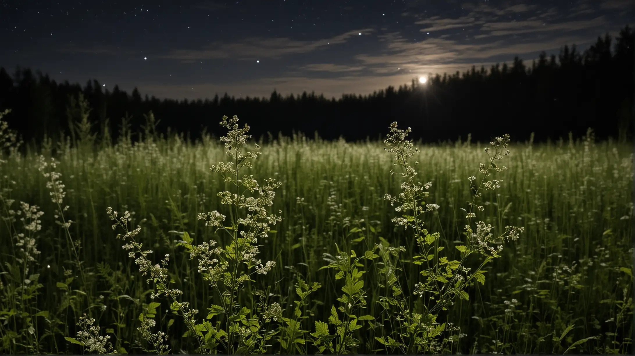 Crisp Meadowsweet in Nighttime Ambiance with Field and Forest